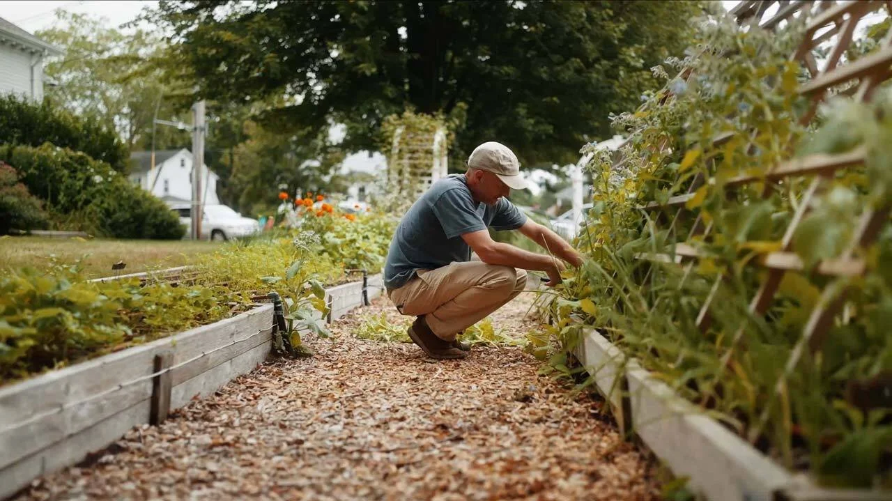 A man squatting and tending to plants in a garden bed with a trellis on the right side, surrounded by trees and houses in the background.