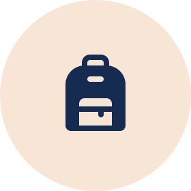 A navy blue backpack icon on a beige circular background