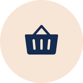 Icon of a shopping basket on a circular beige background.