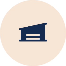 Icon of a heating iron with a rectangular base and handle in dark blue on a beige circular background.