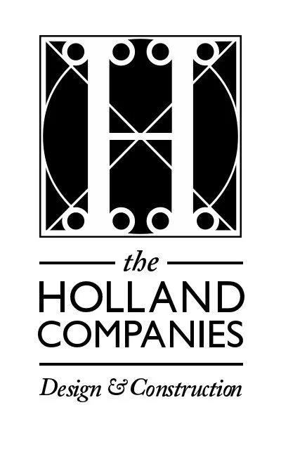 A black and white logo for The Holland Companies, featuring a decorative letter 'H' with geometric and ornamental design elements, and the words "the Holland Companies" and "Design & Construction" underneath.