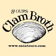 Logo for Saint Ours Clam Broth featuring a clam shell and website link