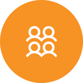 Icon of four people in white on an orange circular background.