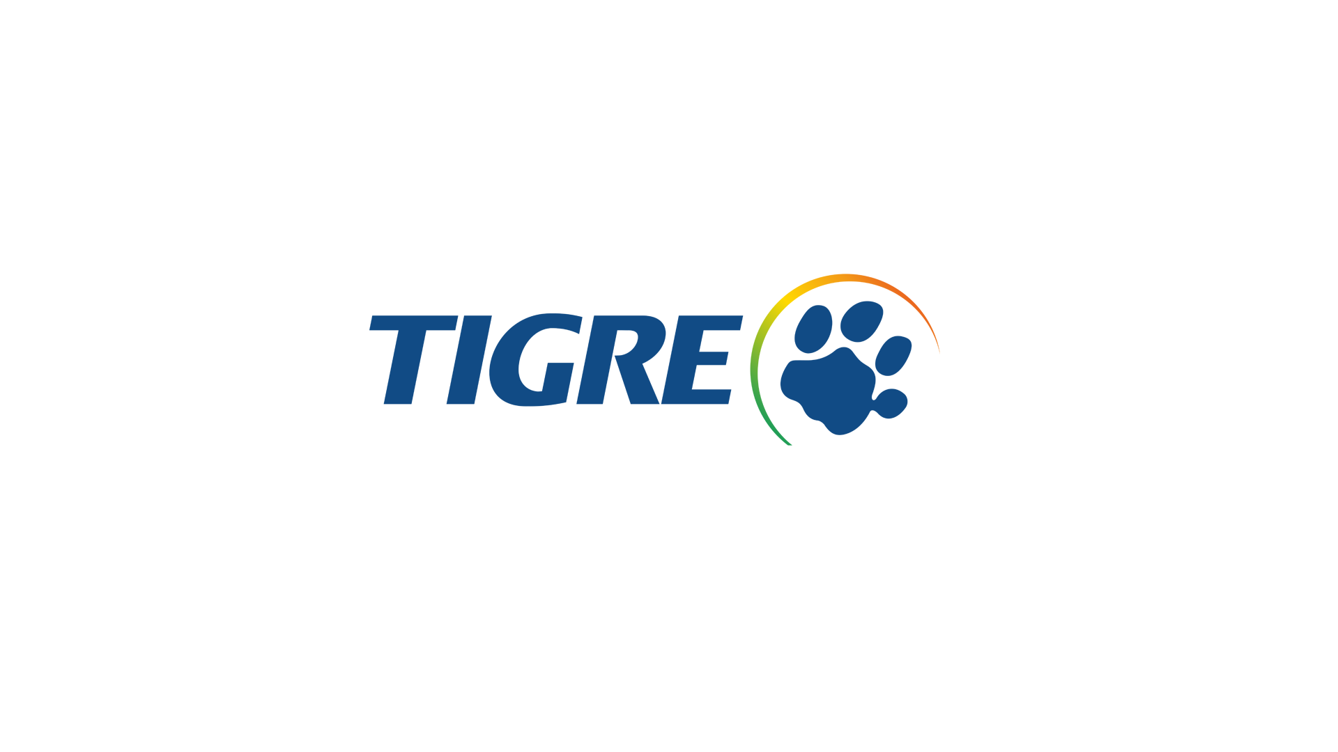 Logotipo do Tigre com o nome em azul e uma pata de tigre estilizada em azul, cercada por uma linha de cores verde, amarela, laranja e vermelha.
