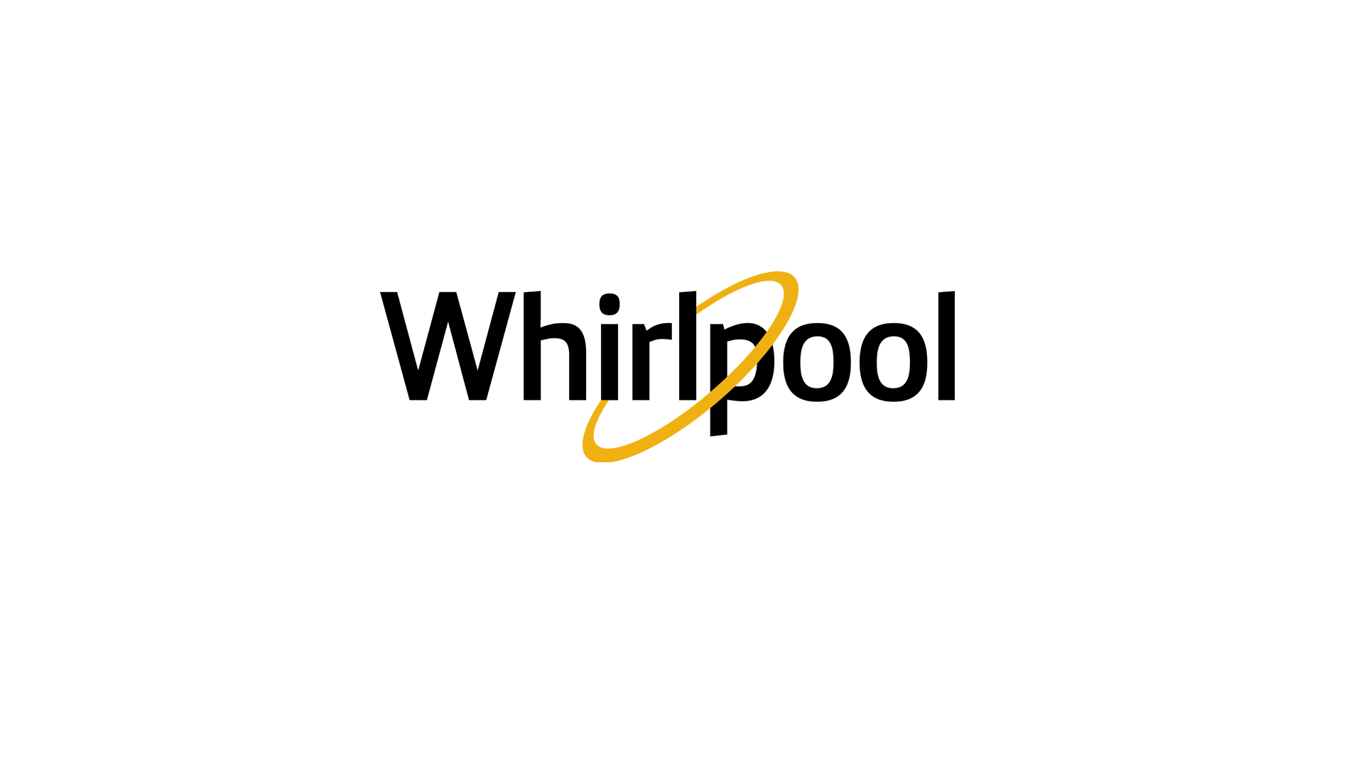 Logotipo da Whirlpool com o nome escrito em preto, com um anel dourado passando por trás das letras.