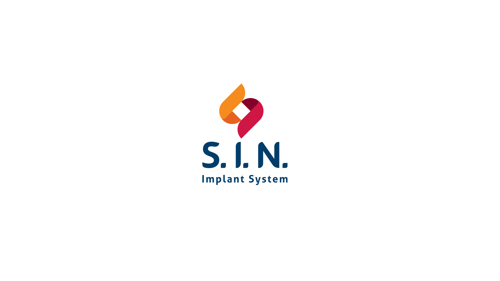 Logotipo do Sistema de Implantes S.I.N. com símbolo estilizado em cores laranja, vermelho e branco, e texto em azul escuro.