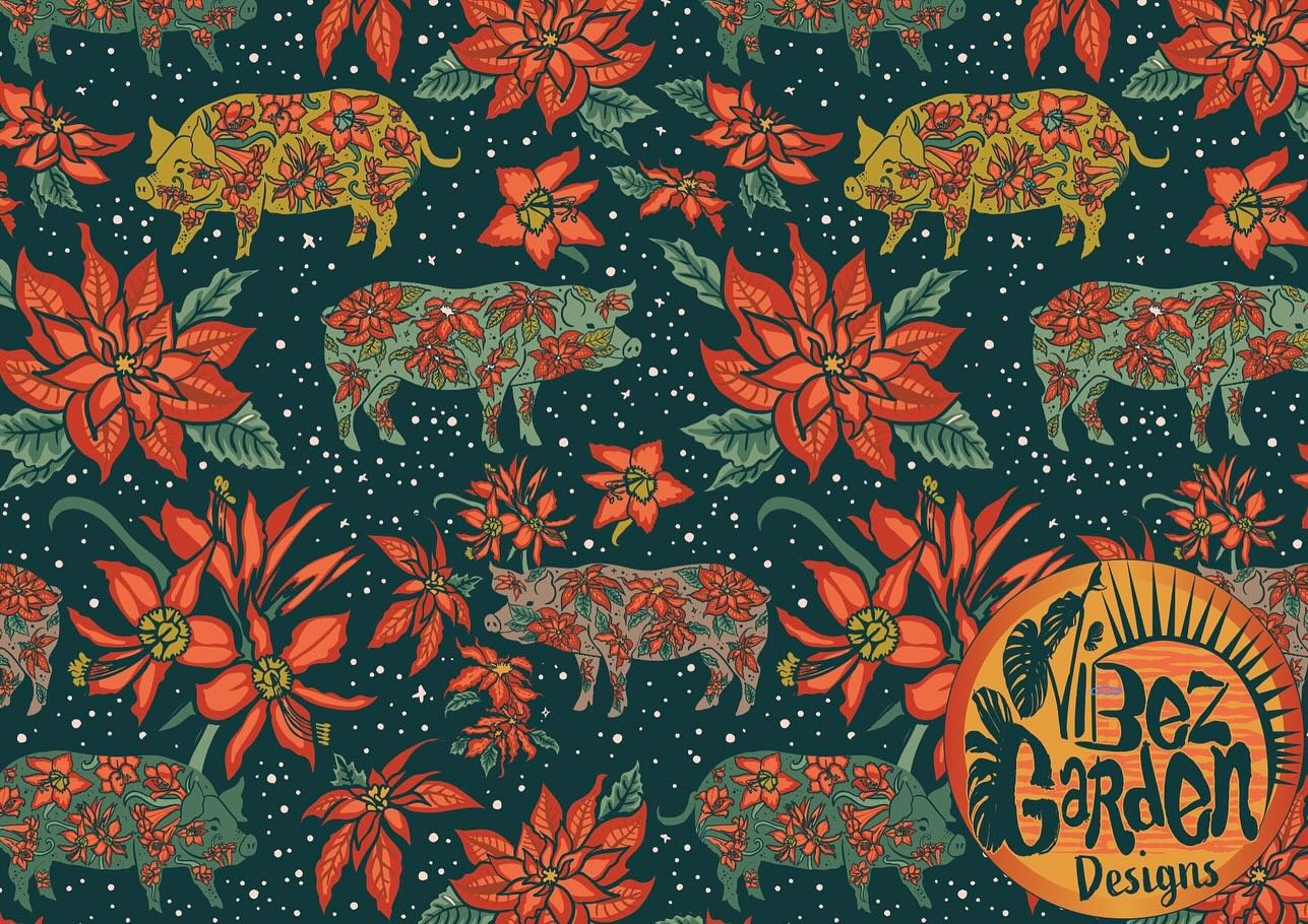 Festive Botanical Pigs for this installment of the @spoonflower design challenge (opens Thursday for voting). I had some inspiration from @catcoq and her floral animal silhouette class on @skillshare (Thank you). Featuring poinsettias and amaryllis f