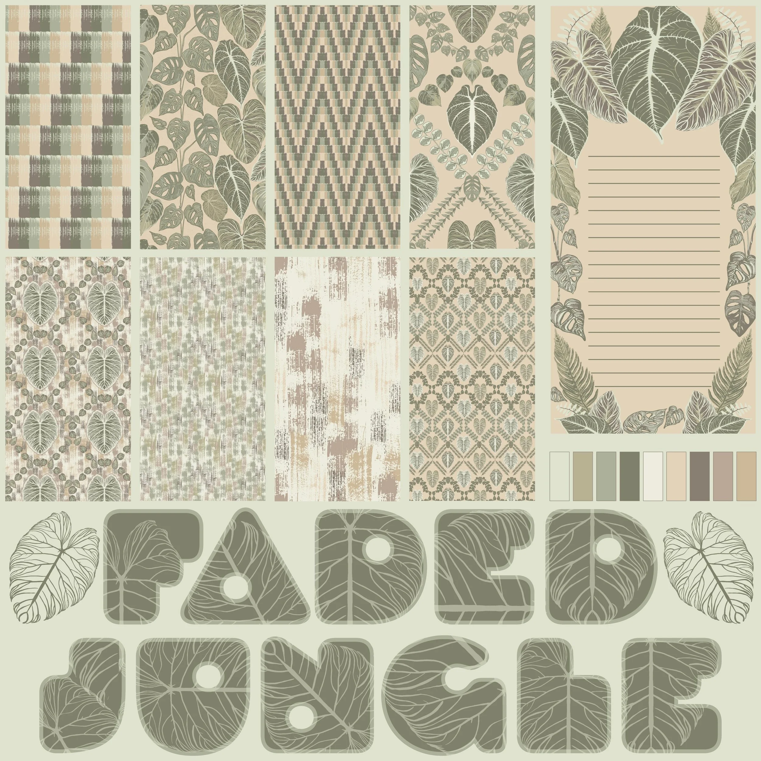 New fabric collection &ldquo;Faded Jungle&rdquo; available now on @spoonflower. This design features leaves from some of my houseplants in a faded sage green color palette.  My entry for the Faded Resort Challenge is the last photo.  Voting is open u