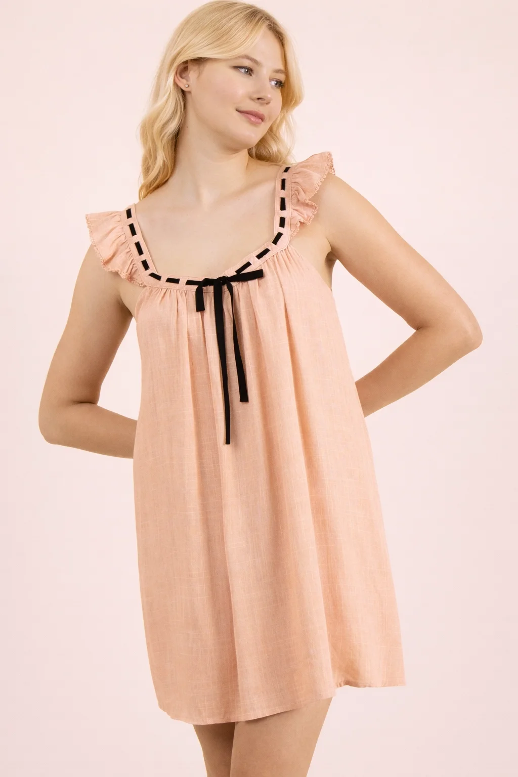 Front Tie Ruffle Sleeve Woven Mini Shift Dress Pink
