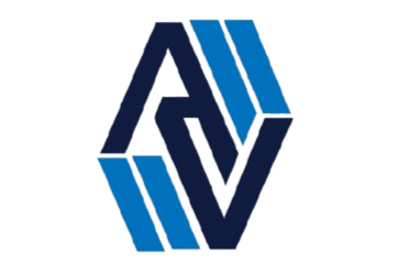 Abstract geometric logo with interlocking shapes in blue, black, and white.