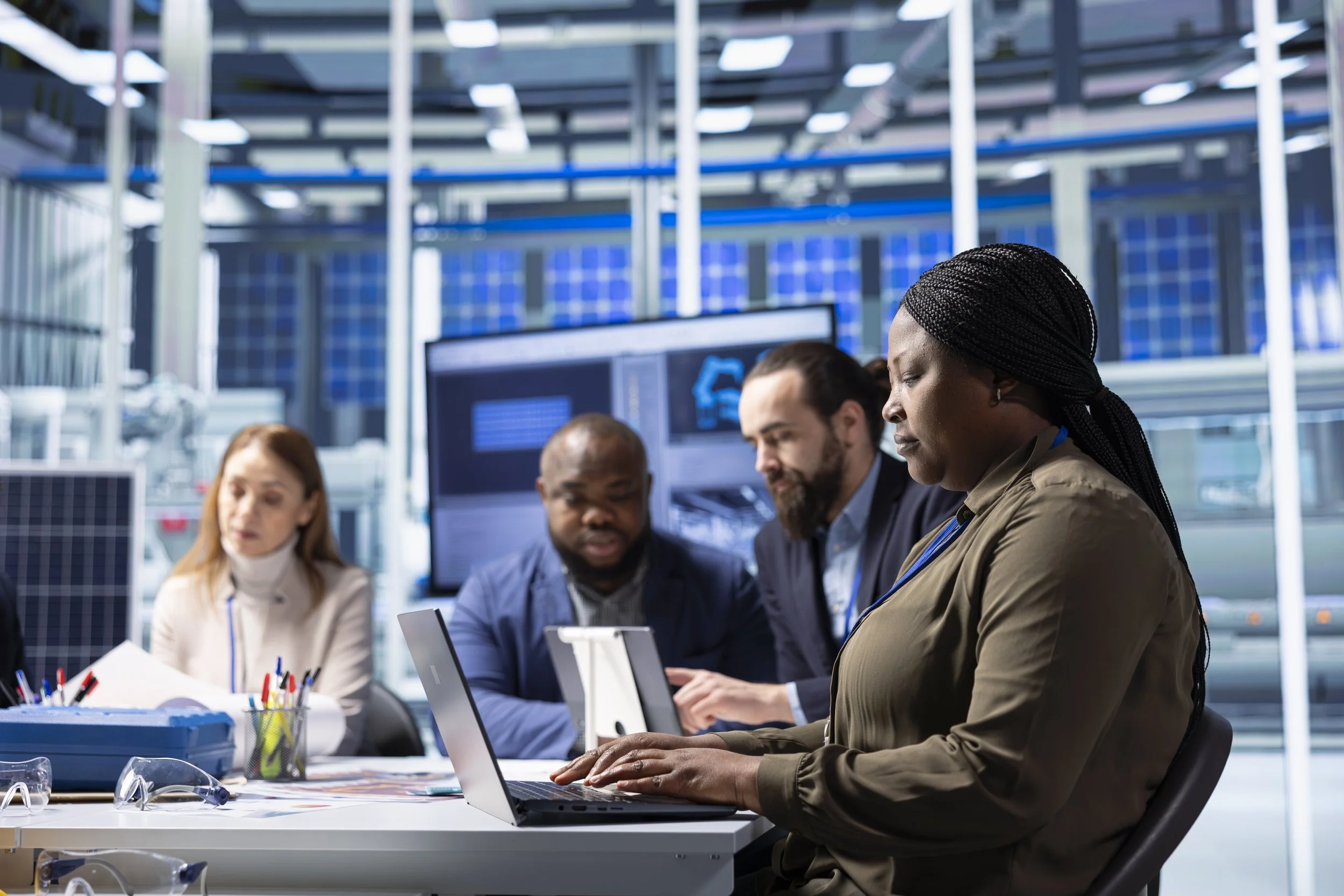 A diverse group of professionals working on laptops and tablets in a modern industrial setting with solar panels and large screens.