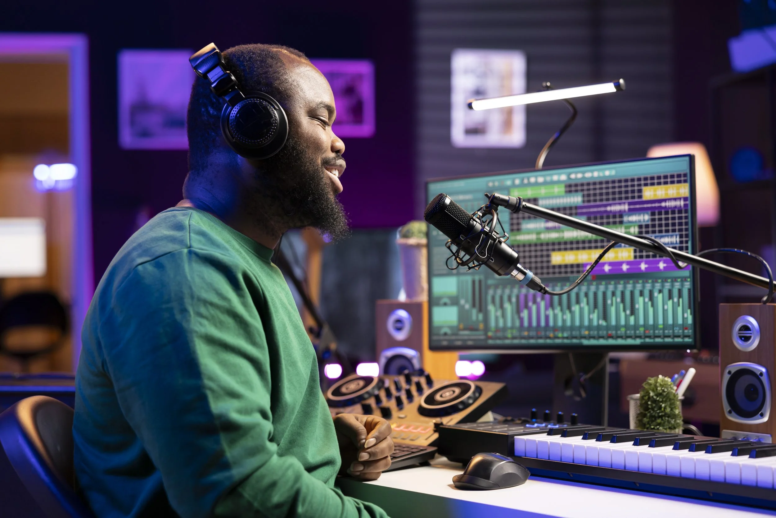 A man with a beard and headphones in a green shirt smiling at a computer monitor with colorful music editing software, surrounded by audio equipment and a microphone in a music studio.