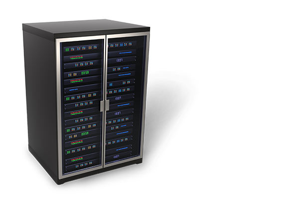 A server rack filled with networking and computer hardware equipment with blue and green indicator lights.