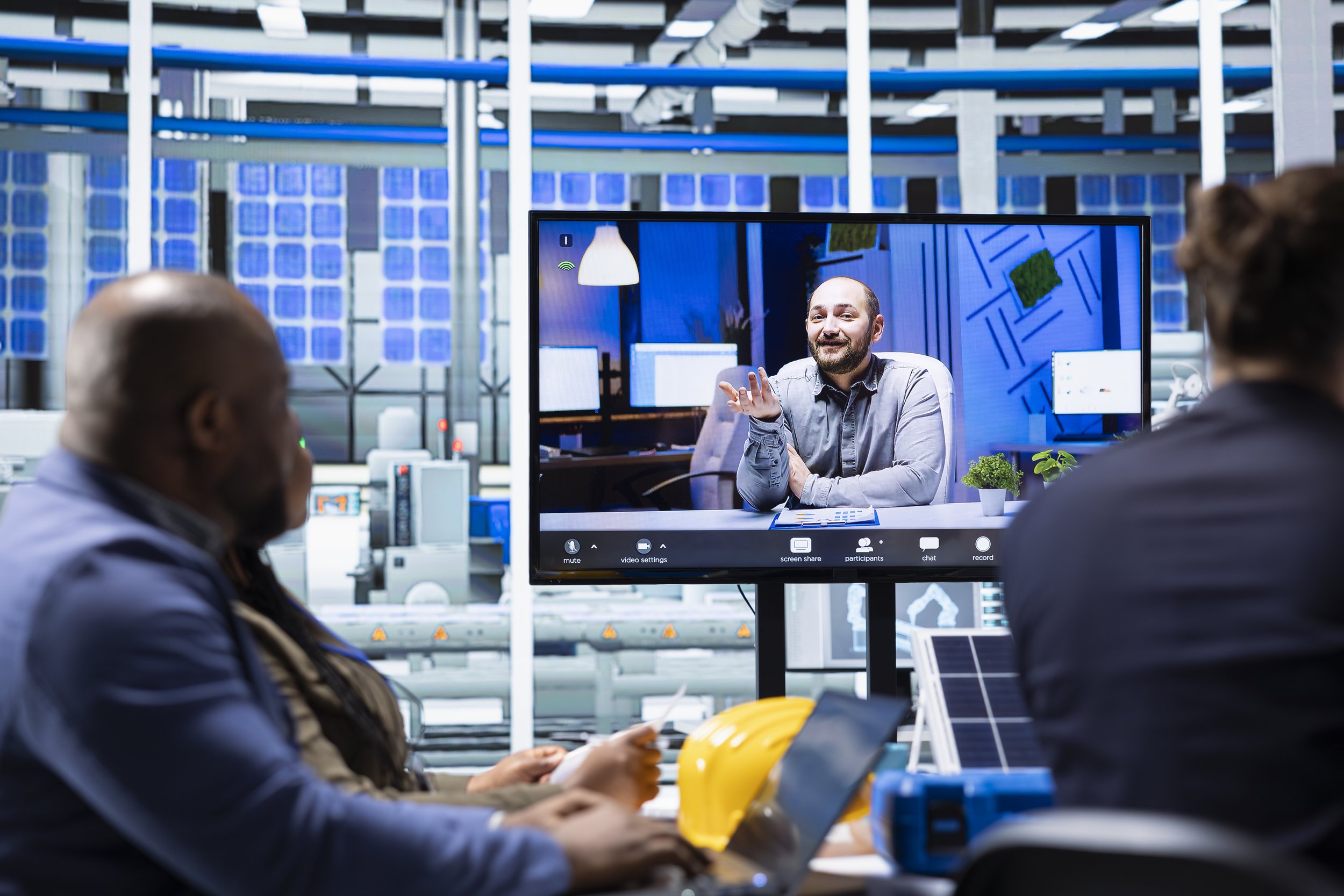 Two workers in an industrial setting participating in a video call on a large screen with a man in a gray shirt, seated at a desk with computers and solar panels visible in the background.