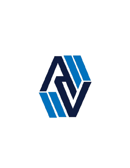 A geometric logo with interconnected blue and black shapes forming the letter 'A' and 'V' in a 3D style.