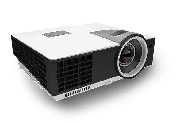 A modern digital projector with a white top and black front showing ventilation grill and lens