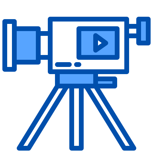 Icon of a video camera on a tripod recording a video.