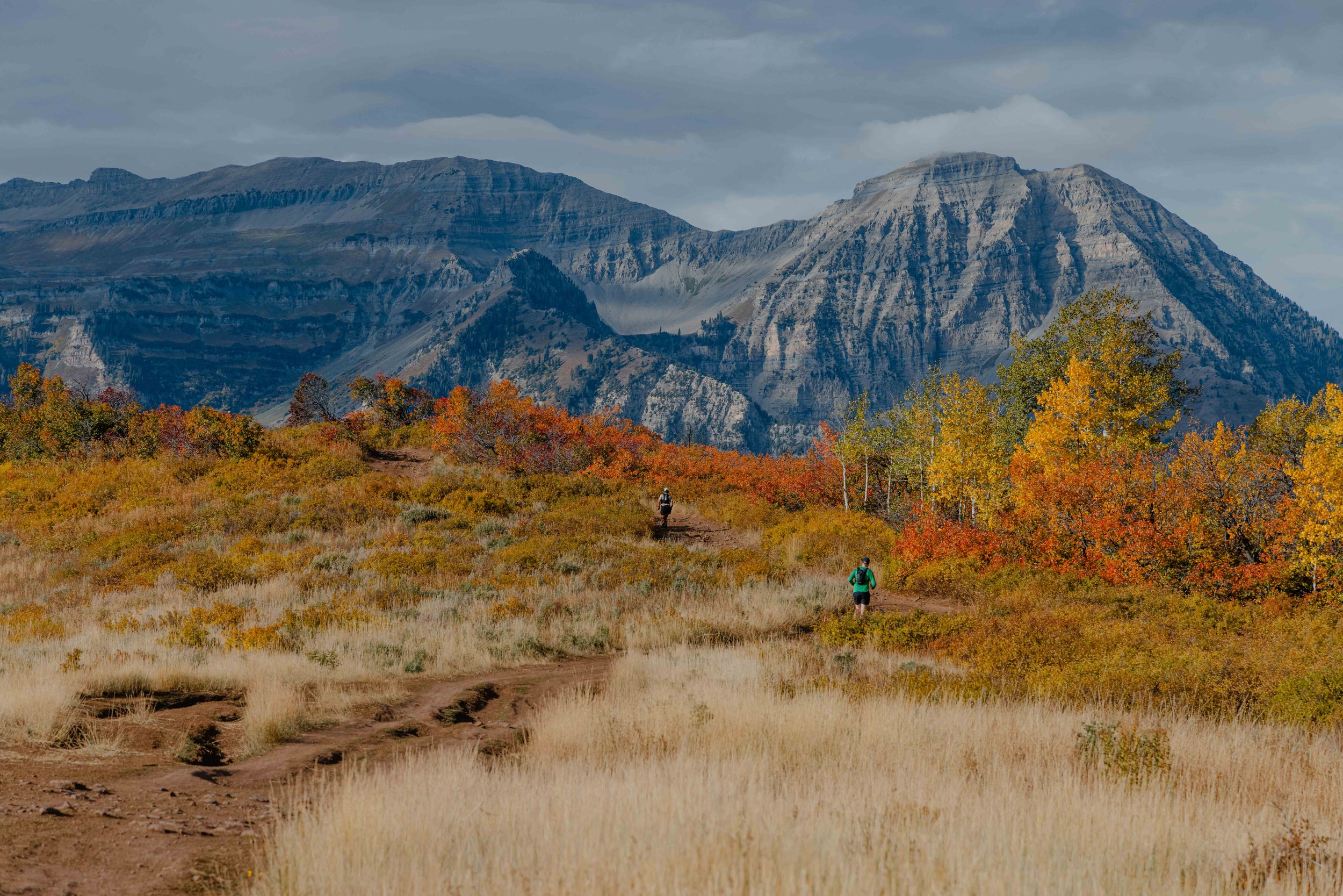 Hikers walking along a dirt trail surrounded by colorful autumn trees, with large mountain peaks in the background under a cloudy sky.