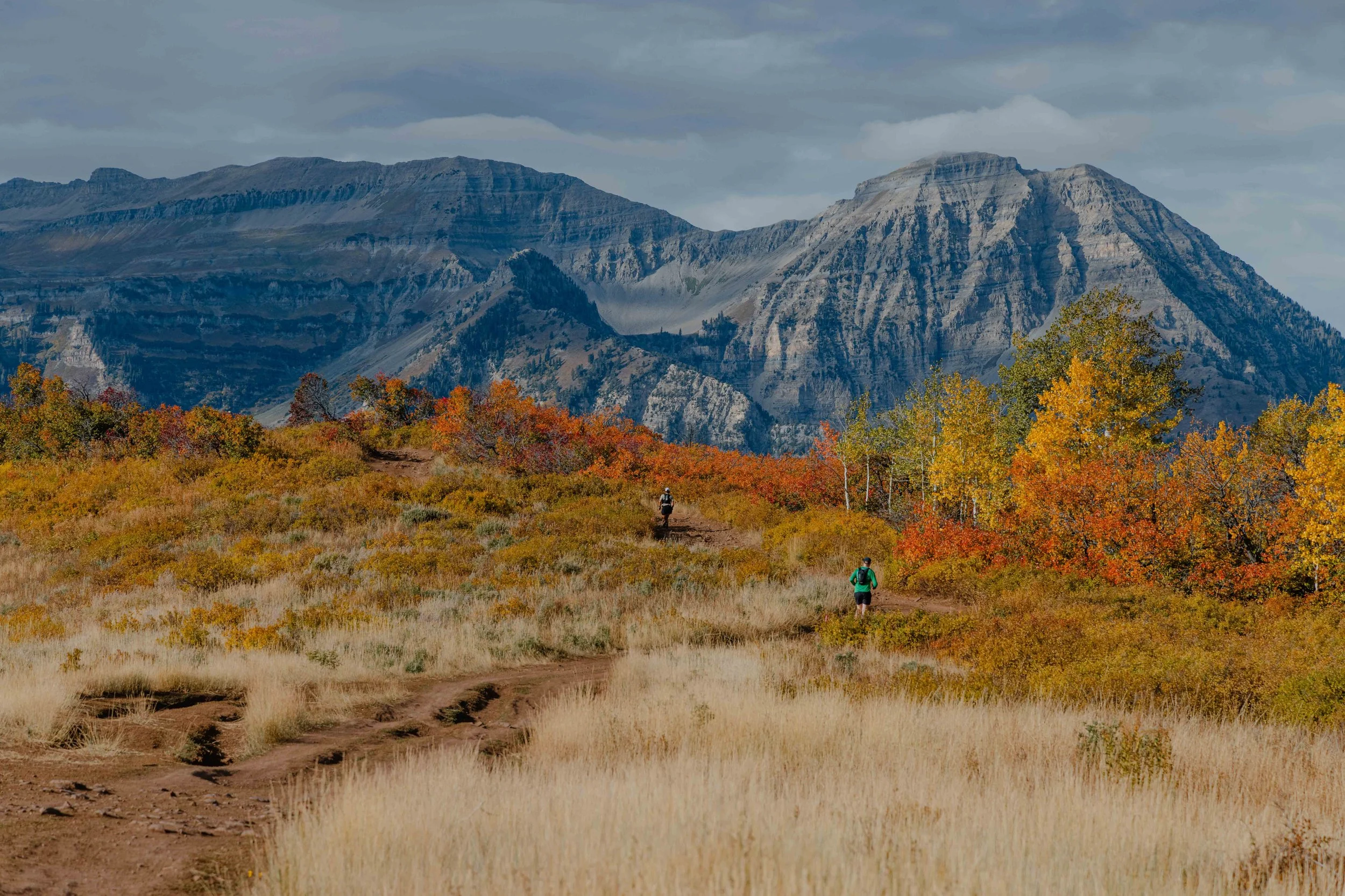 Hikers walking along a dirt trail in an autumn landscape with colorful trees and towering mountains in the background.