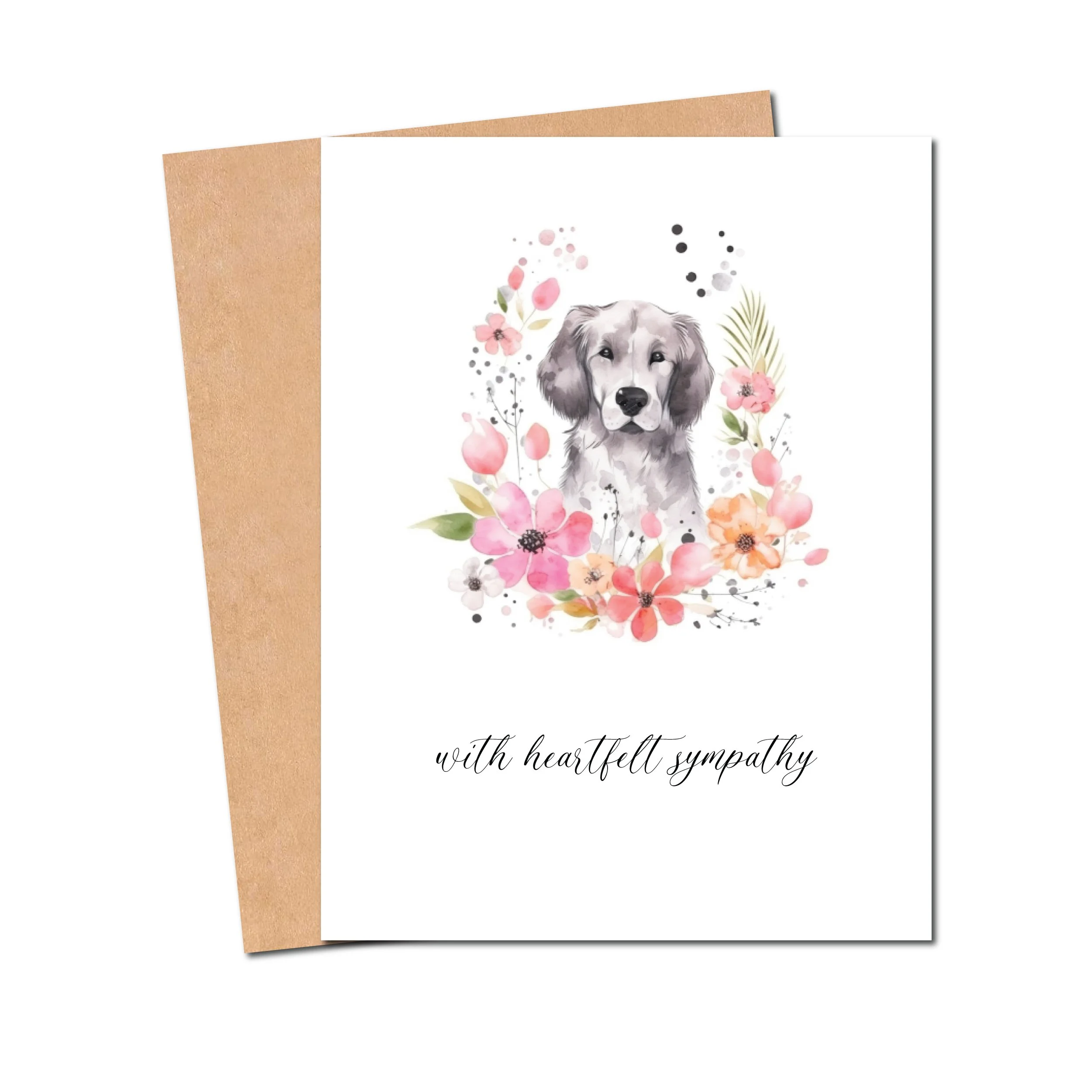Beautiful watercolor dog sympathy card with pastel floral wreath. A heartfelt condolence card to comfort someone grieving the loss of a beloved pet.