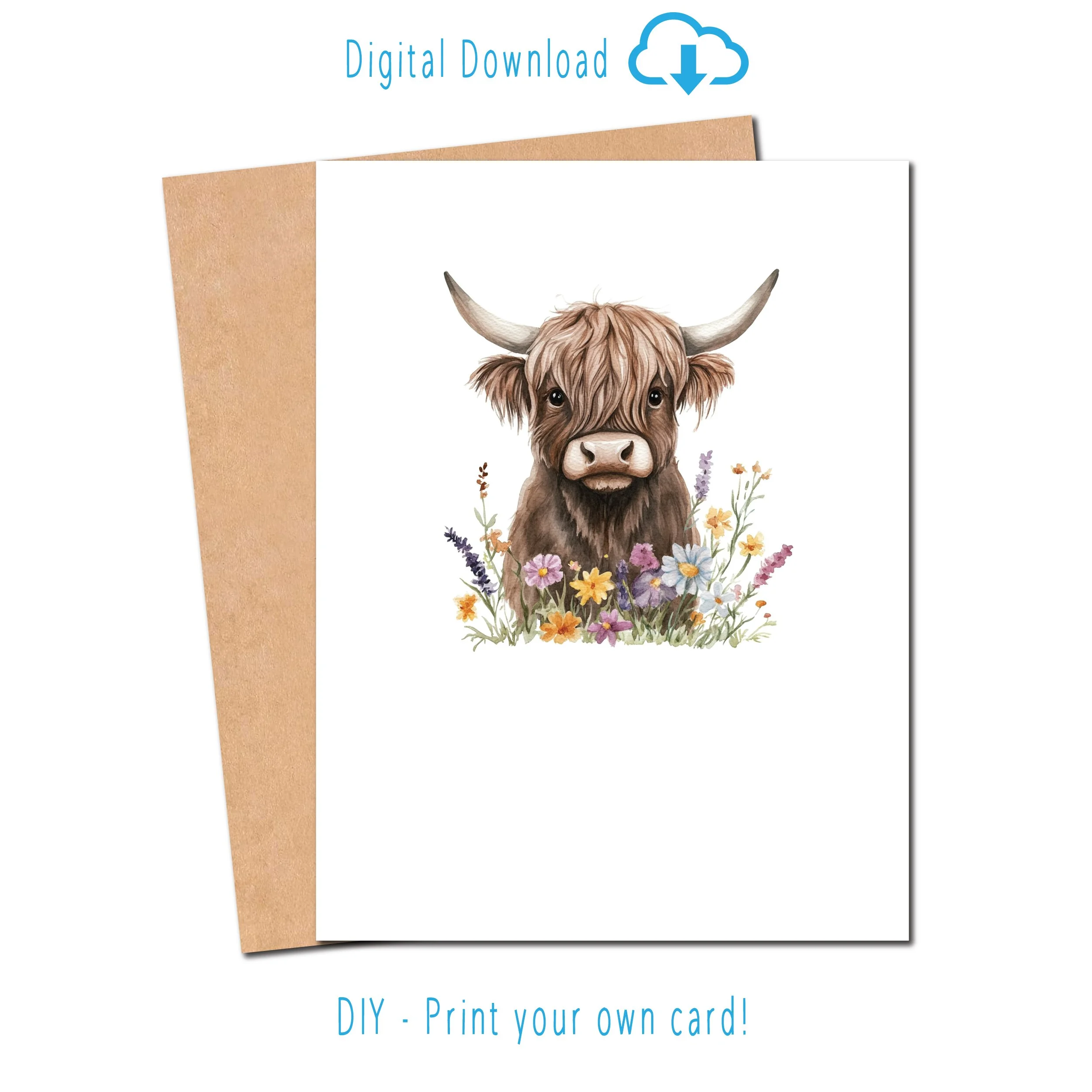 Little Highland Cow with Flowers - Printable Card