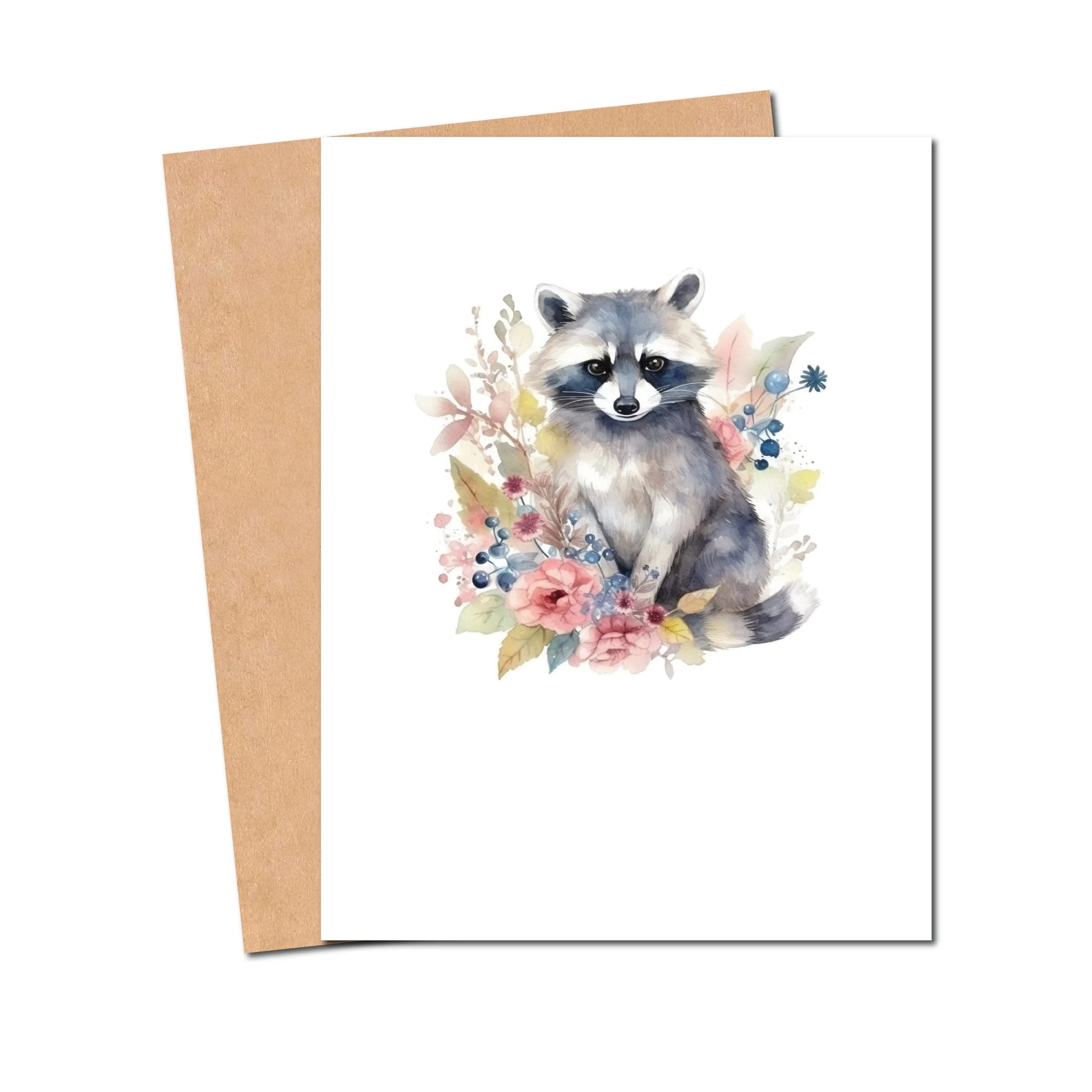 Watercolor raccoon surrounded by flowers greeting card on white background with kraft envelope