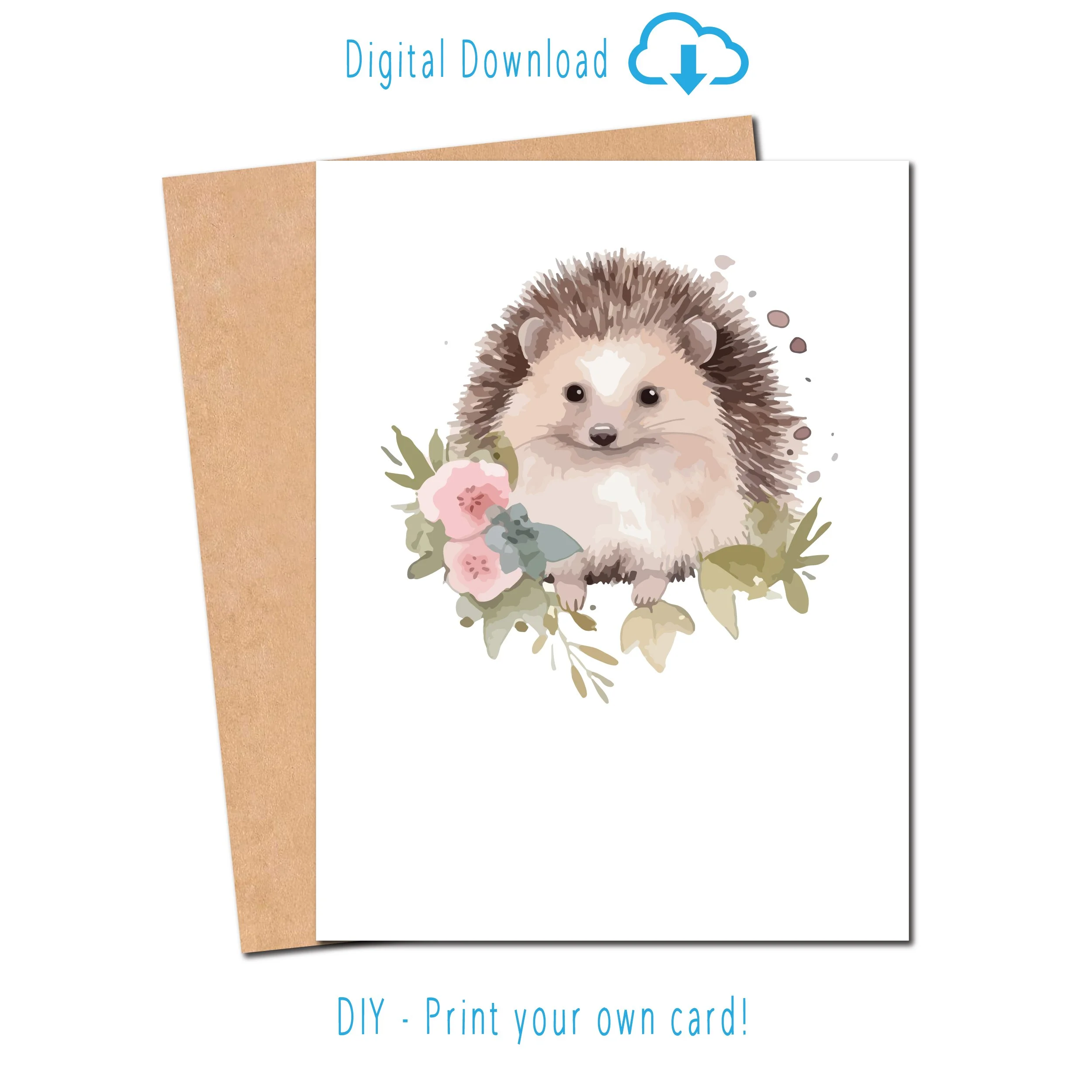 Printable cute woodland animal hedgehog card with floral design, blank insid
