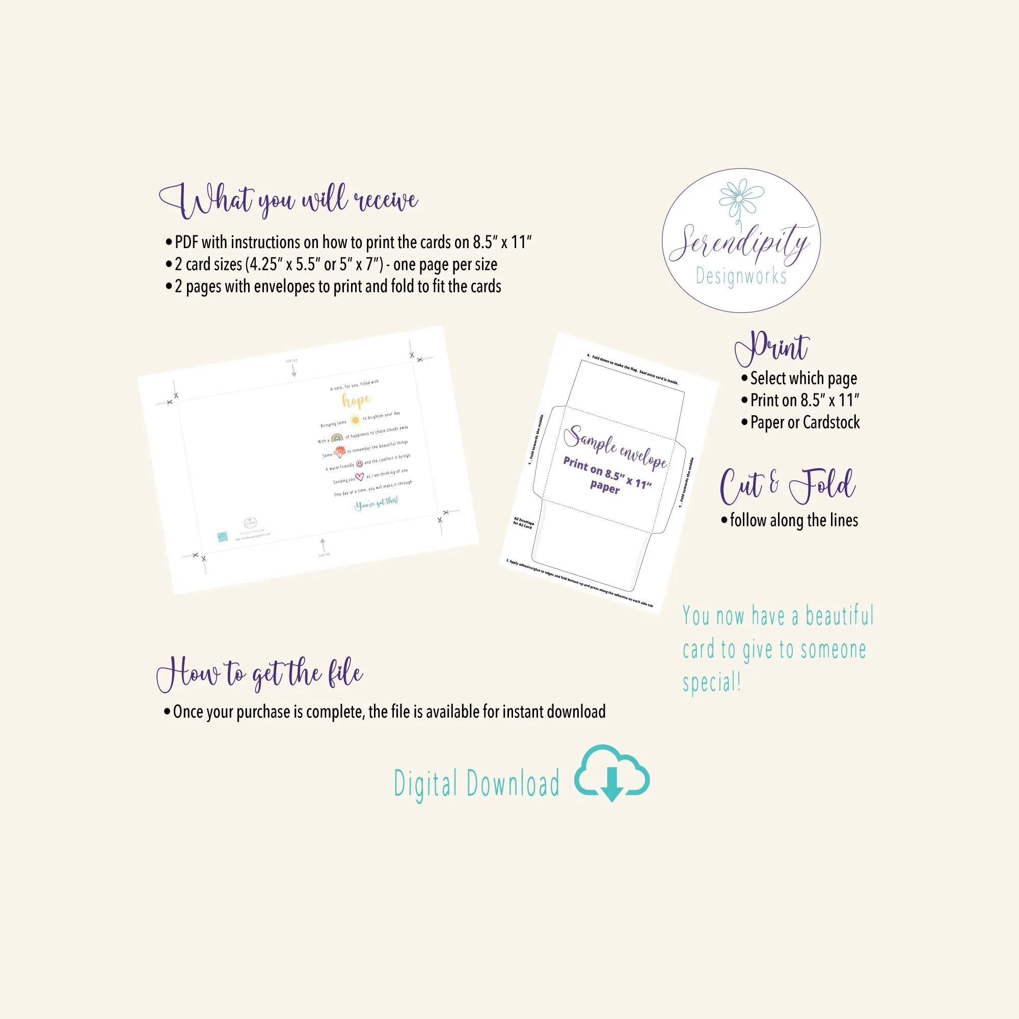 What you get printable note filled with hope and positive statements on the card to brighten their day