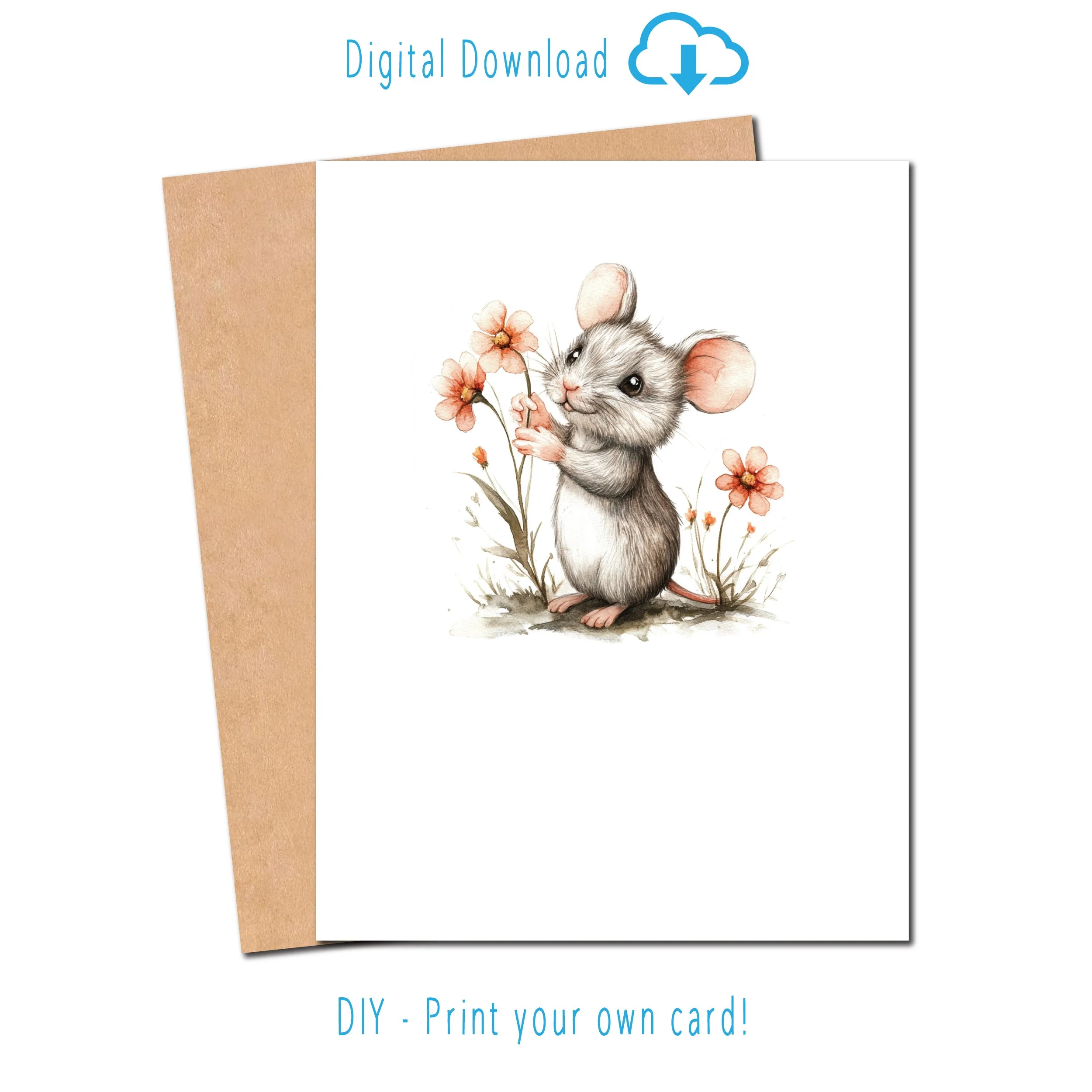 Little Mouse with Flowers - Printable Card