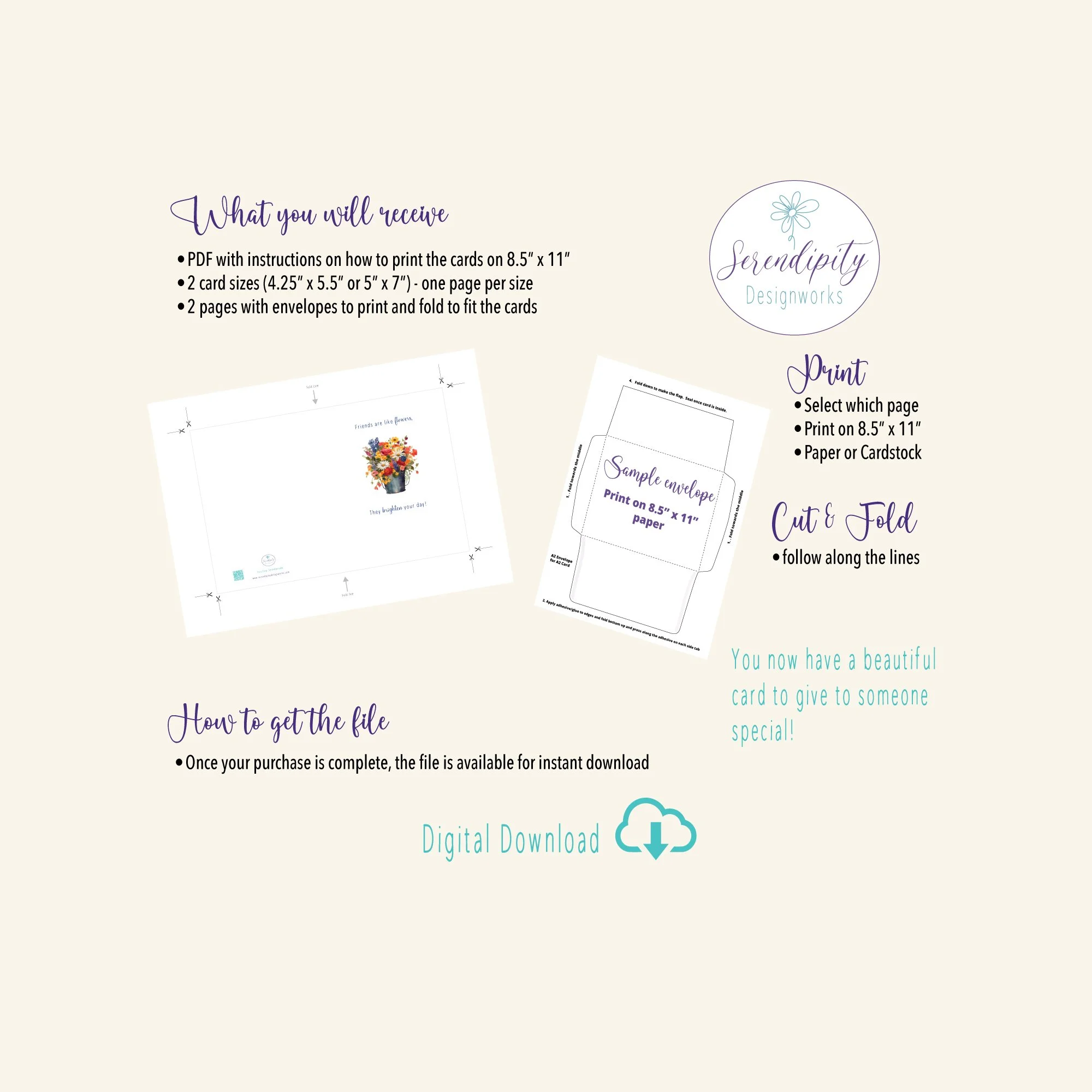 Printable watercolor wildflower friendship card with matching envelope, Friends are like flowers message
