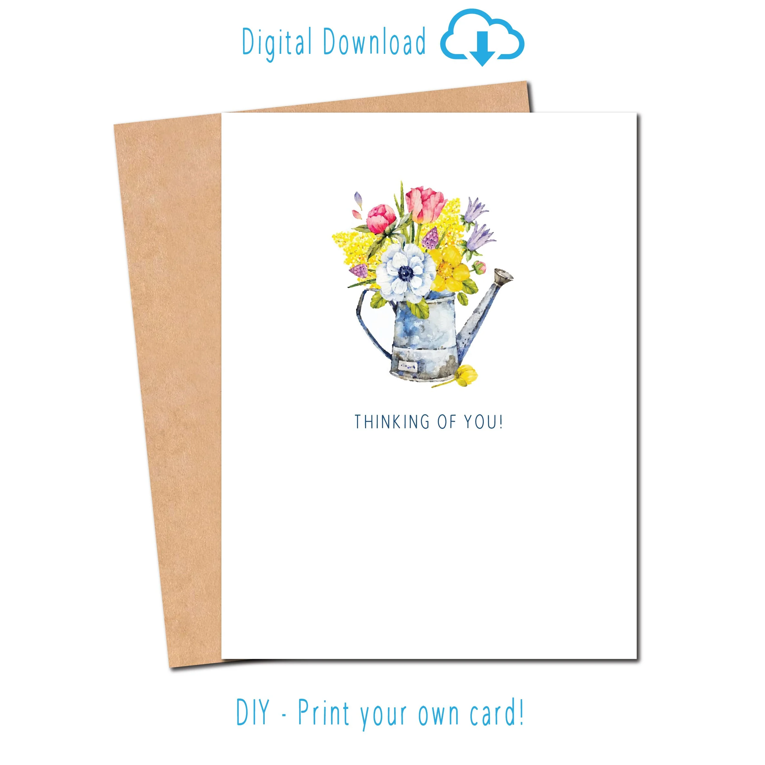 Printable encouragement card with watercolor vintage watering can and wildflowers, text reads Thinking of You