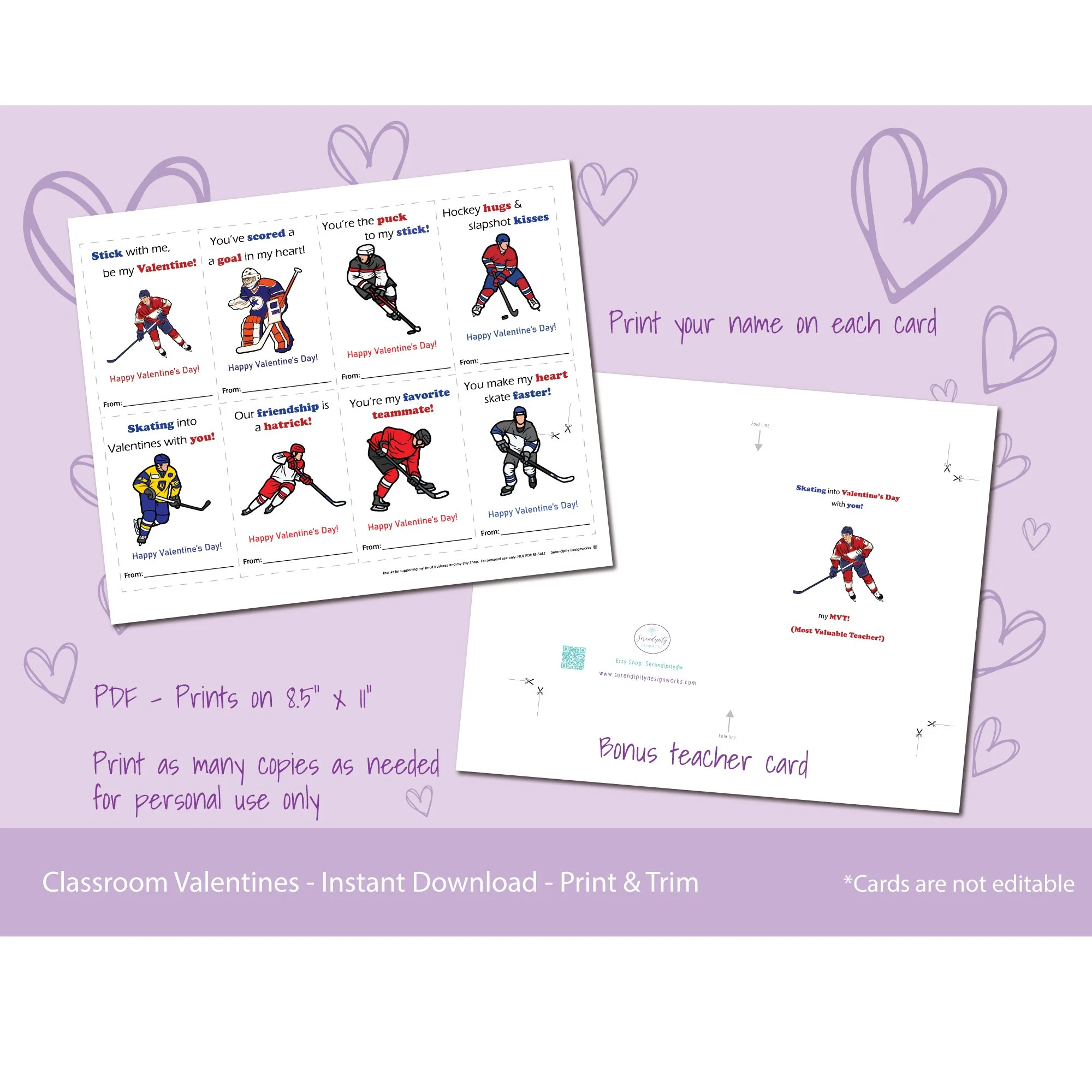 Kids Valentine's Day Cards Hockey Theme - Printable Card