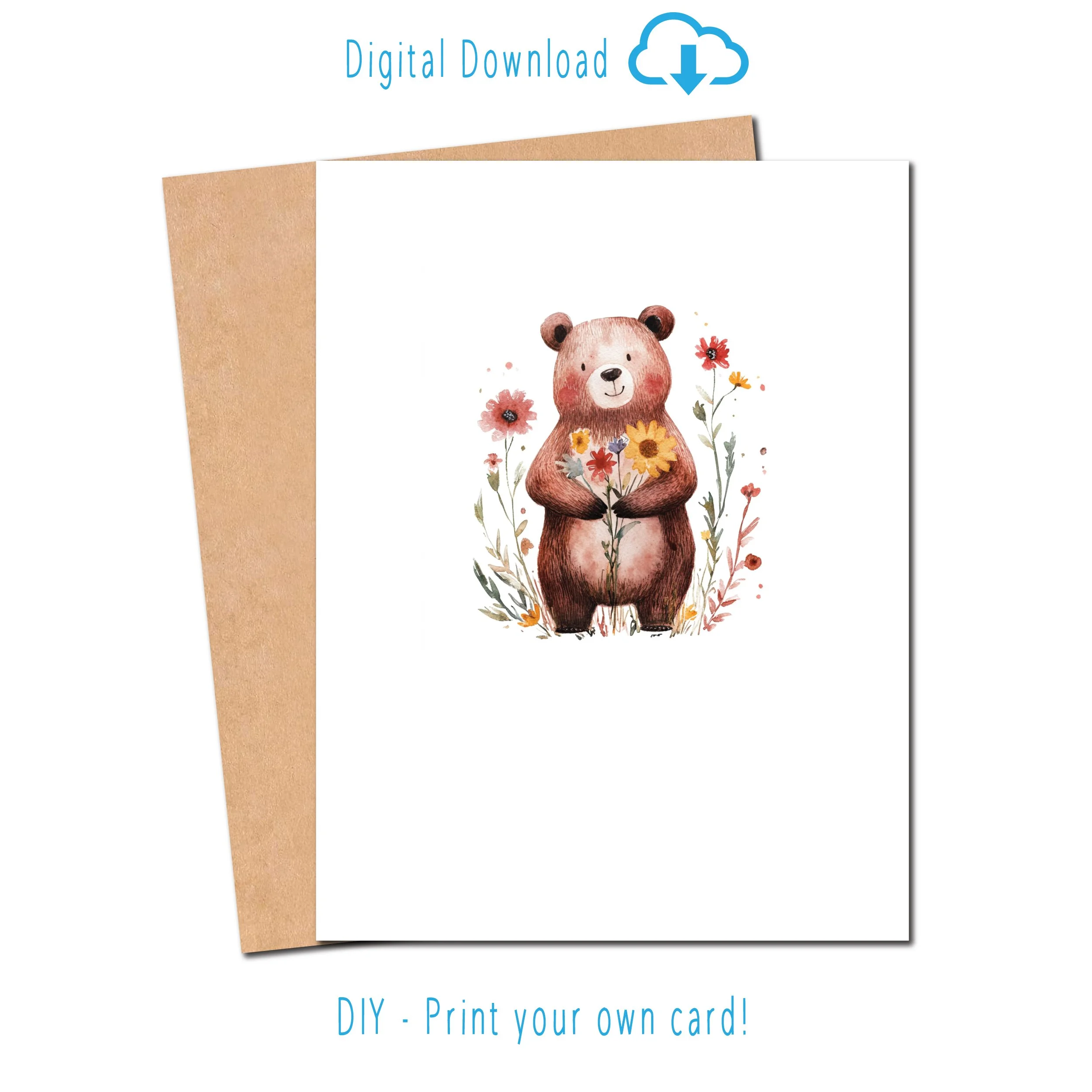Whimsical Bear with Flowers - Printable Card