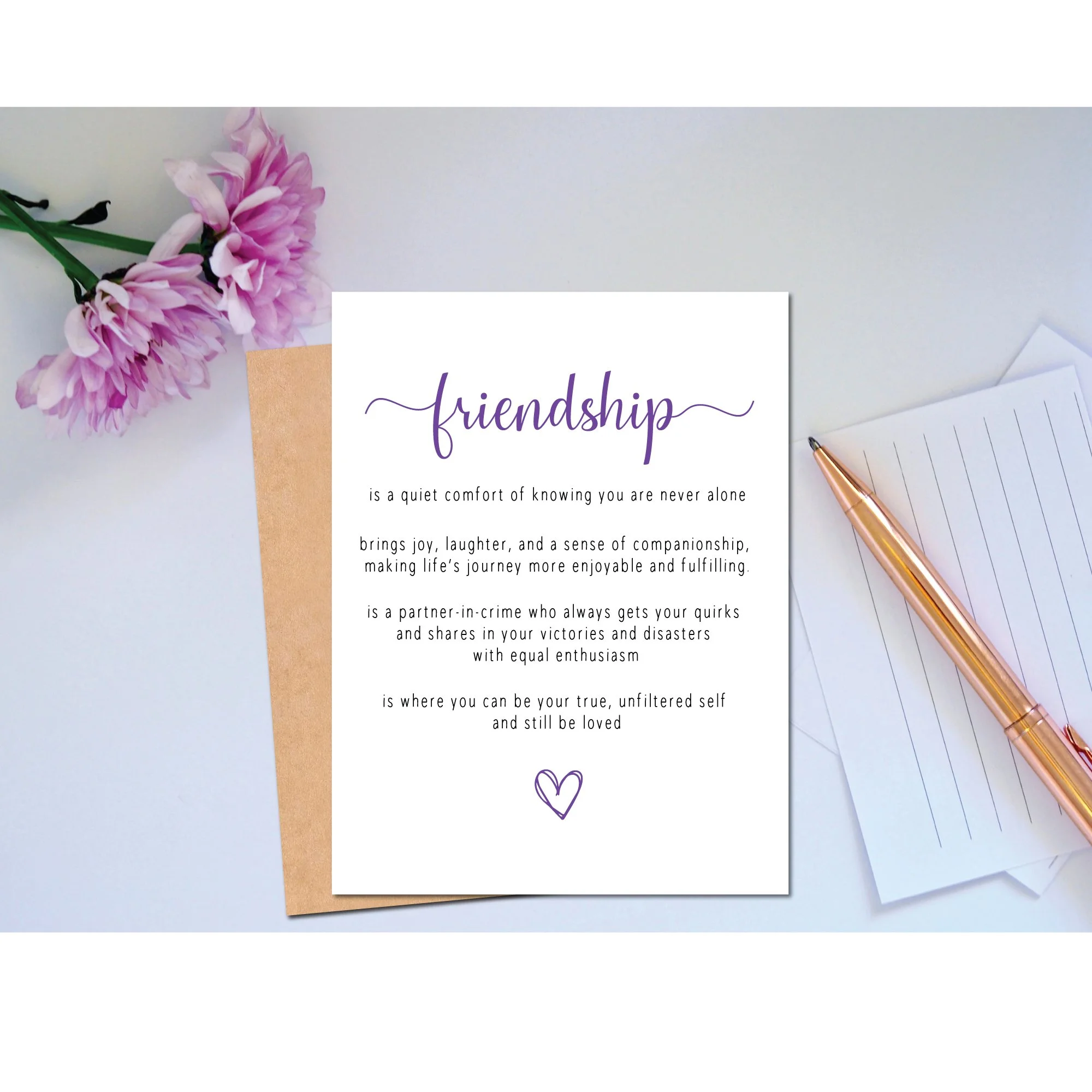 Friendship card describing what friendship is to you and how special your friend is and how much you appreciate their friendship