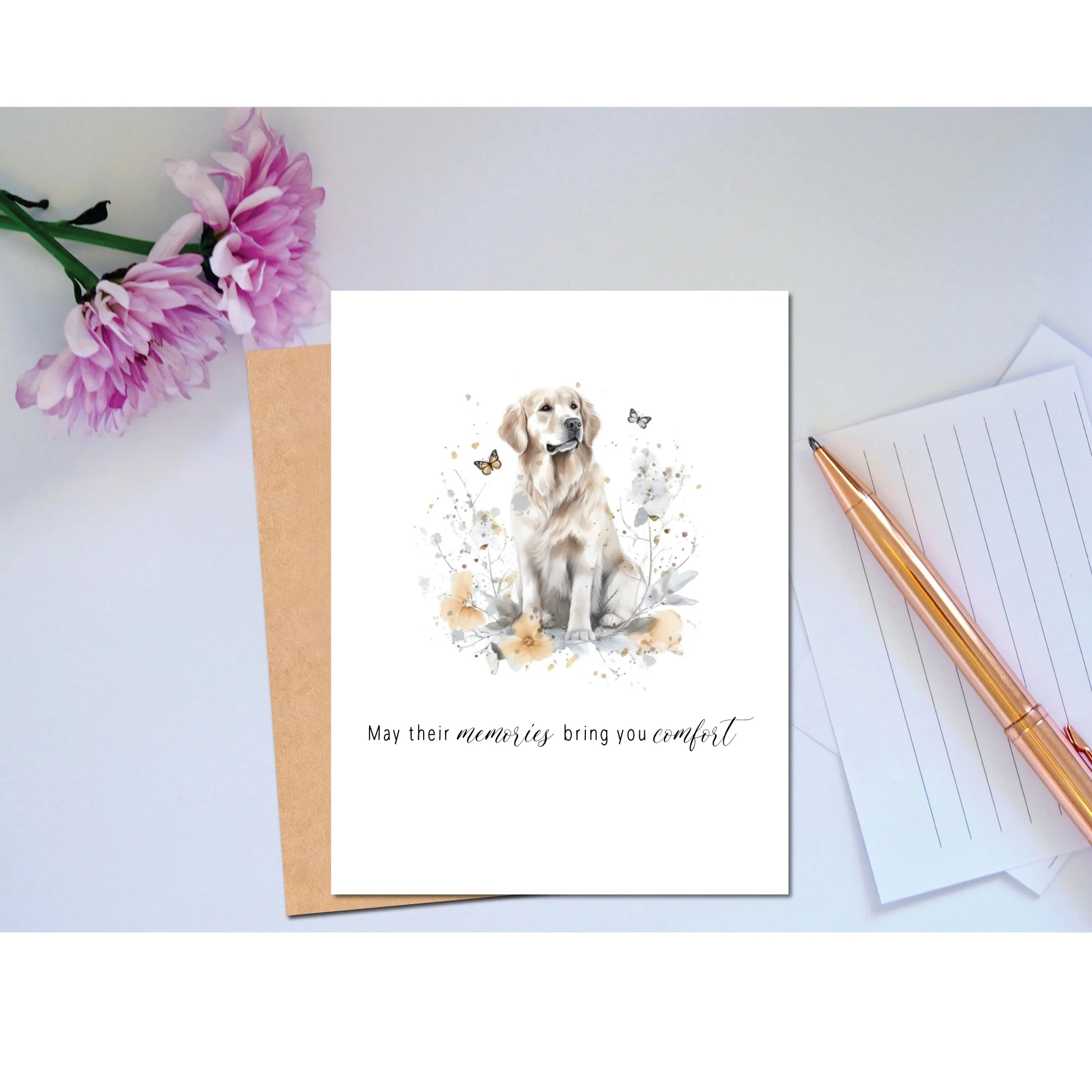 may the memories bring you comfort watercolor of a dog in pastel peaceful colors sitting in a bed of flowers gives serene image for a pet sympathy card