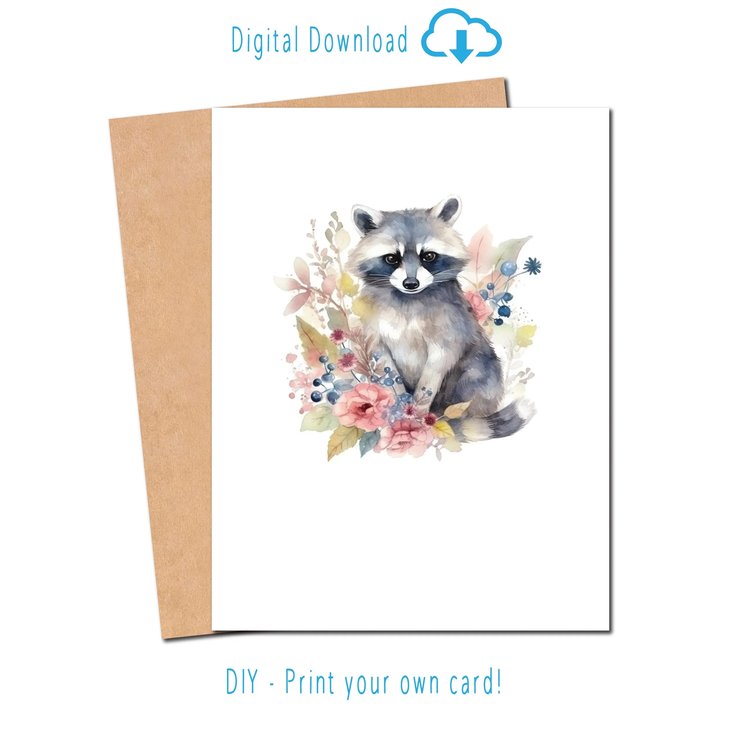 Nature-inspired watercolor raccoon and floral greeting card stationery