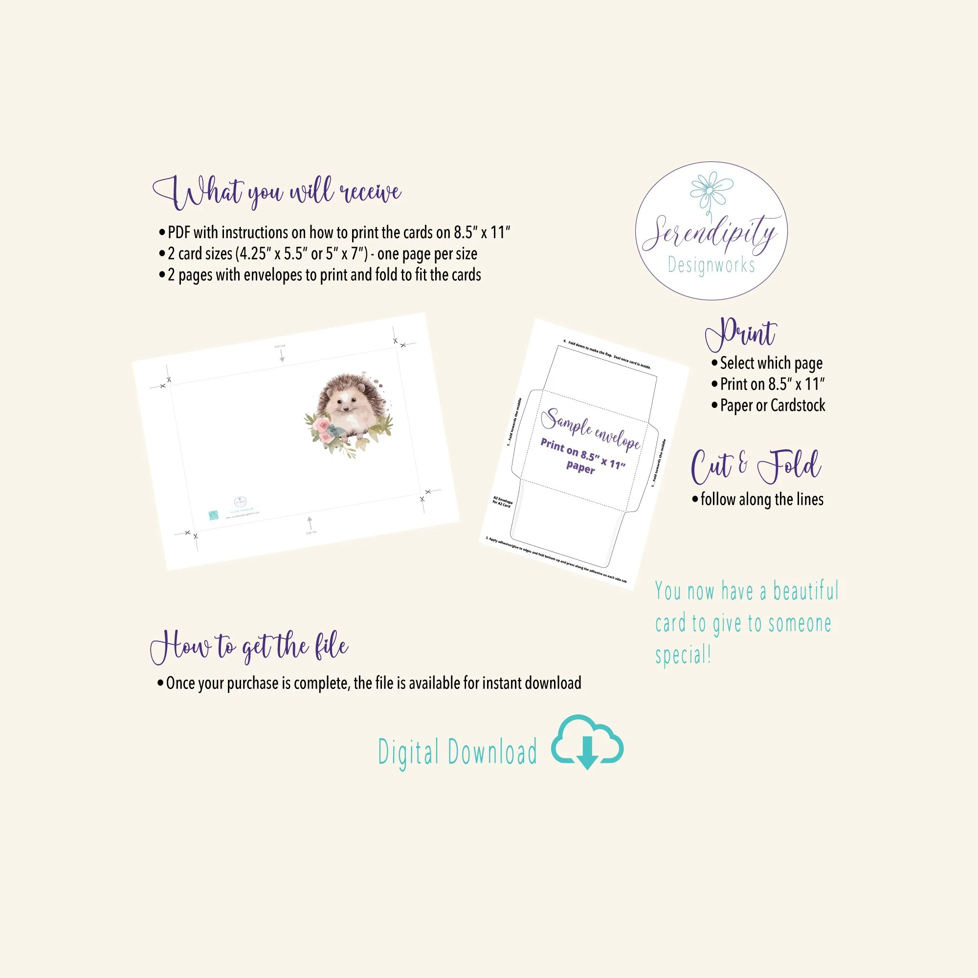 printable nature-inspired watercolor hedgehog and floral greeting card stationery