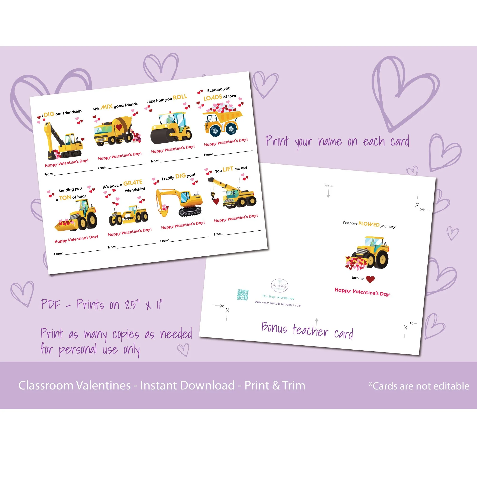 kids valentines construction theme cards