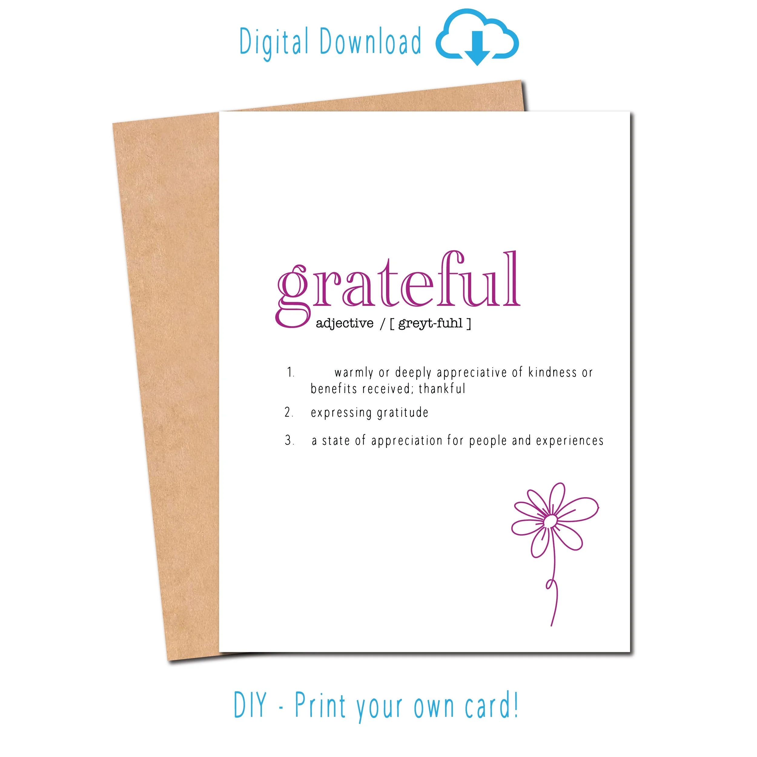 Grateful definition perfect for sending a thank you note or friendship card to a friend