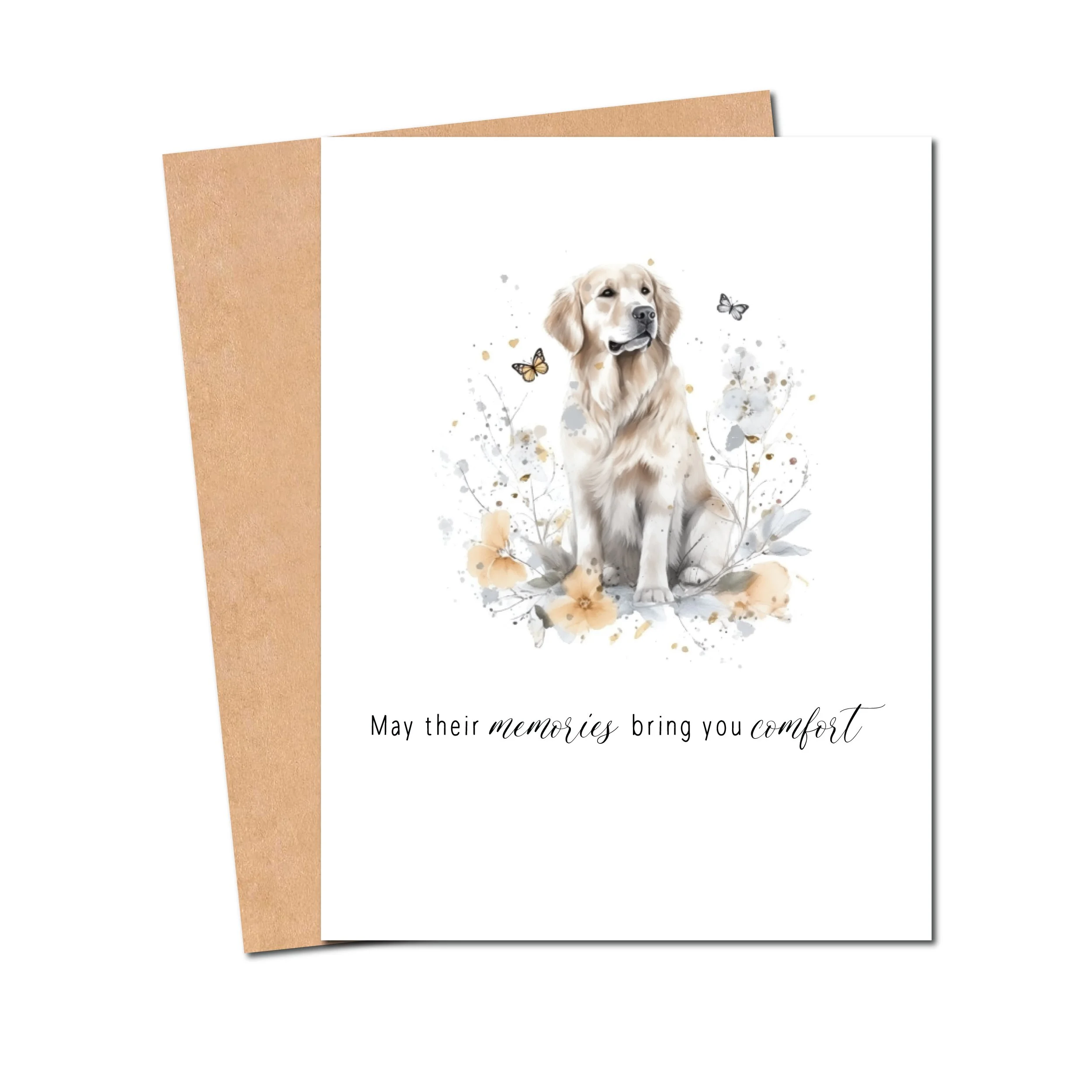 may the memories bring you comfort watercolor of a dog in pastel peaceful colors sitting in a bed of flowers gives serene image for a pet sympathy card