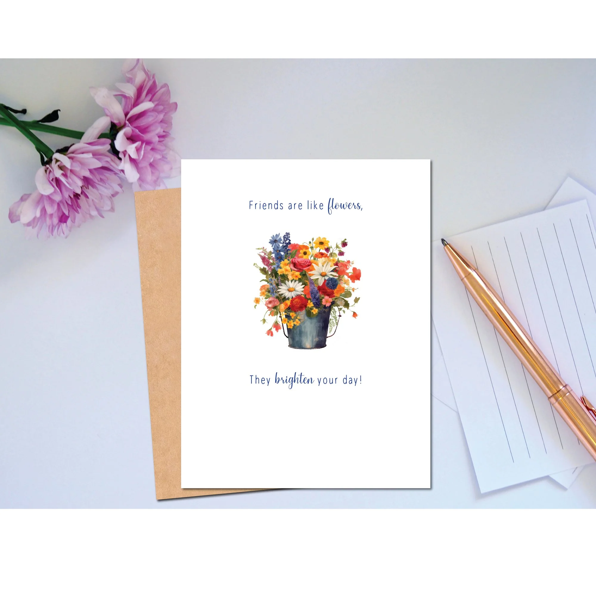 Watercolor wildflower friendship card with matching envelope, Friends are like flowers message