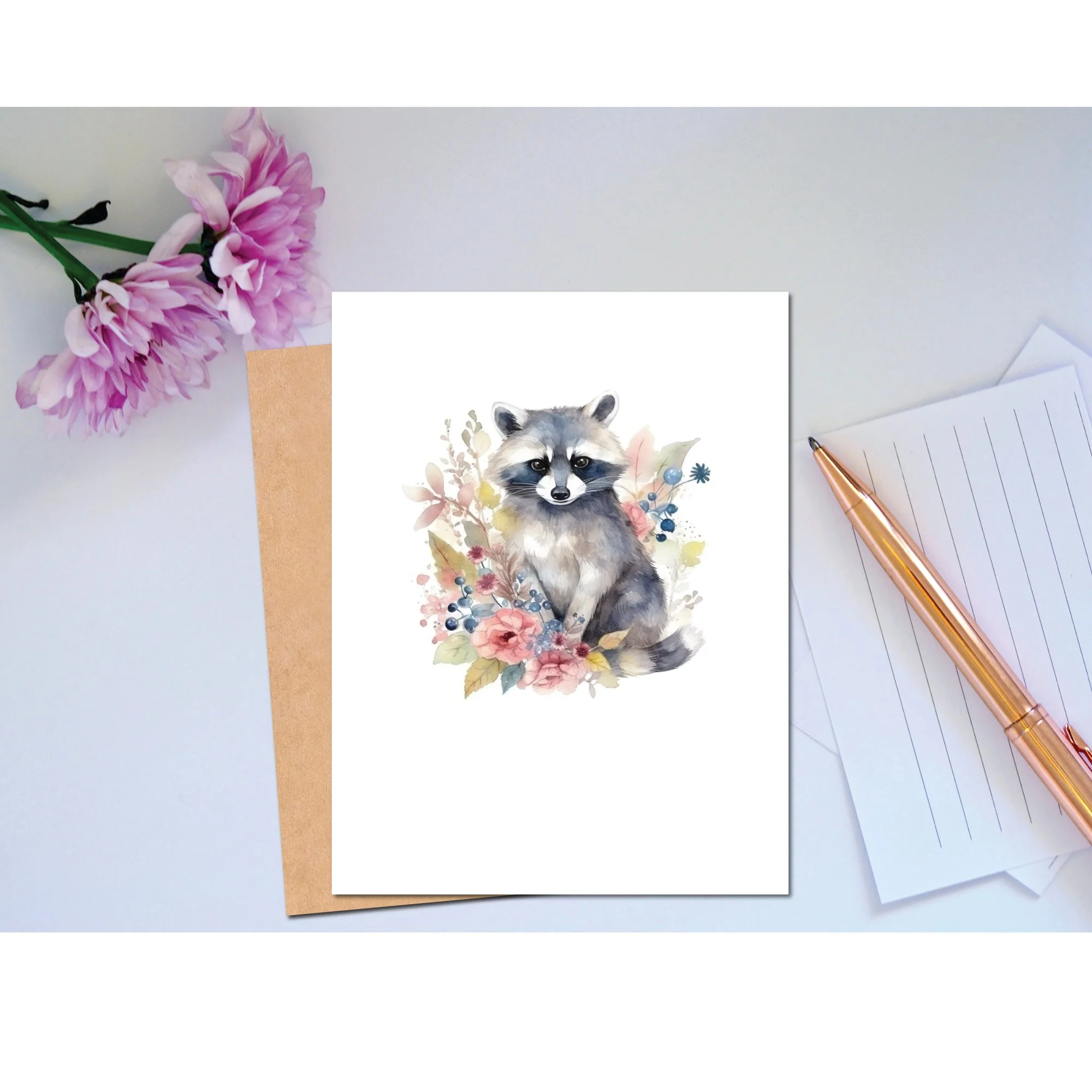 Cute woodland animal raccoon card with floral design, blank inside