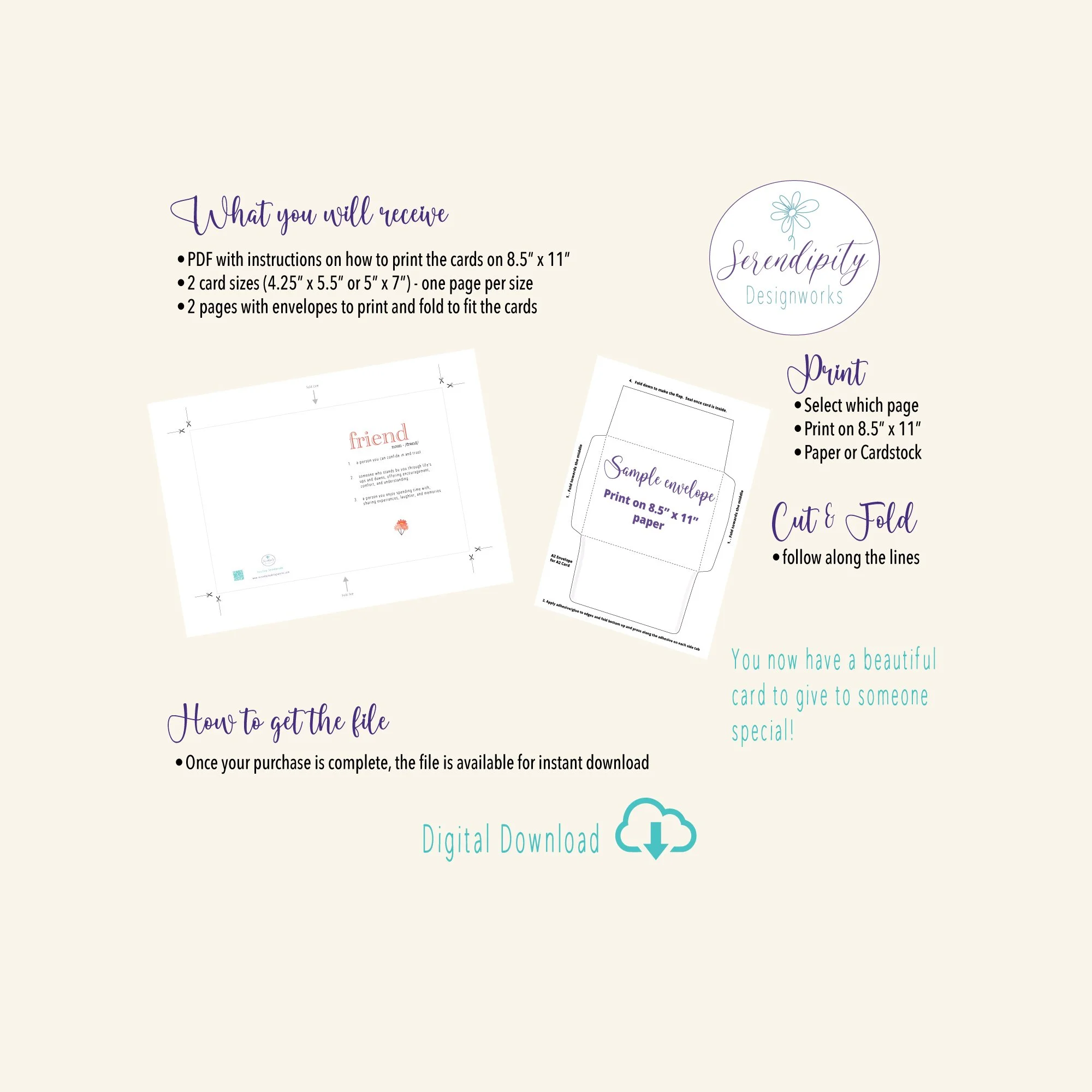What you get when you purchase this printable friend card it comes with matching envelope