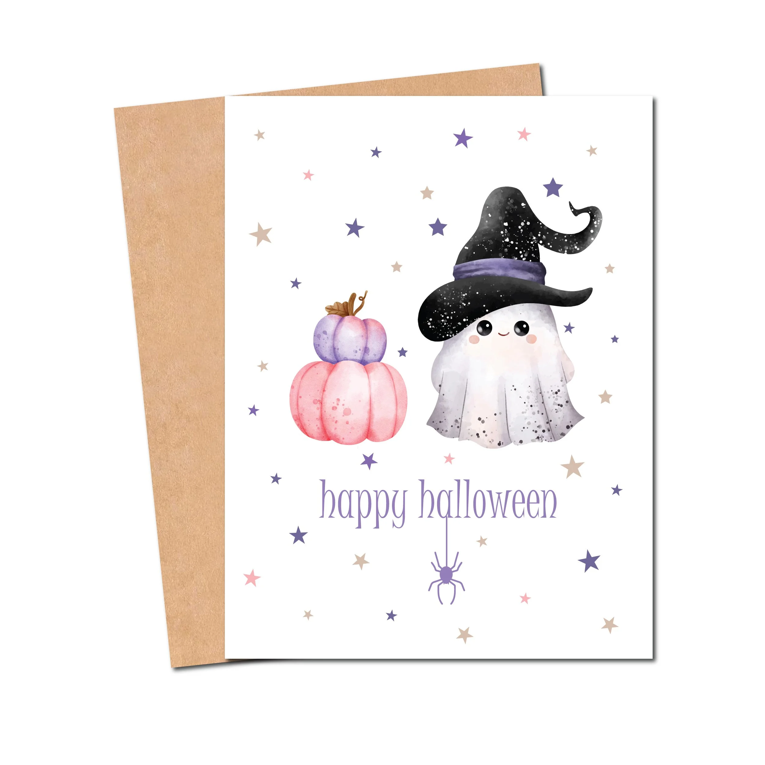 Featuring a sweet little ghost wearing a witch’s hat, a stack of pastel pumpkins, and scattered stars, this card brings a touch of spooky charm with a cute and whimsical style.