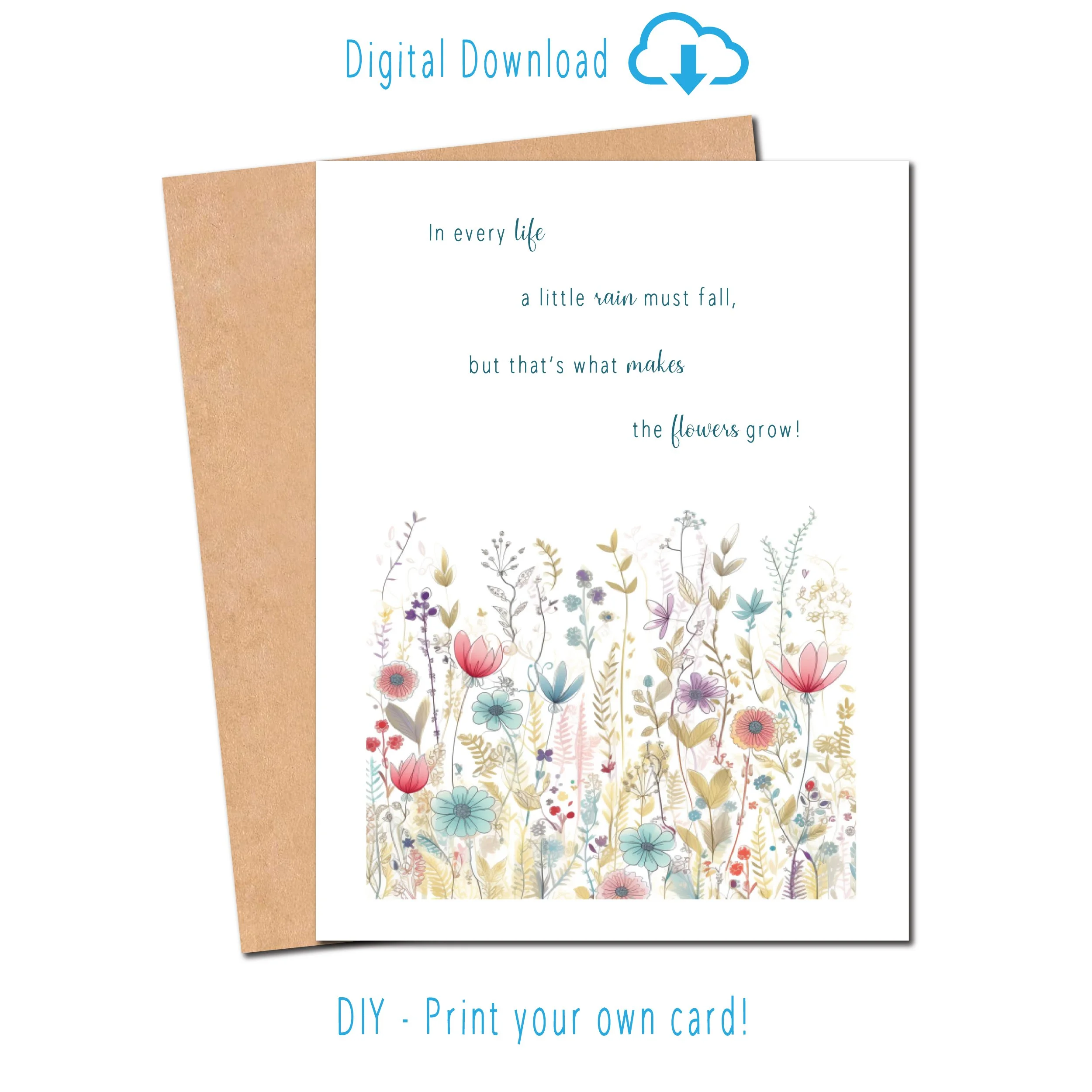 Watercolor wildflower illustration on uplifting greeting card with inspirational quote about resilience and growth