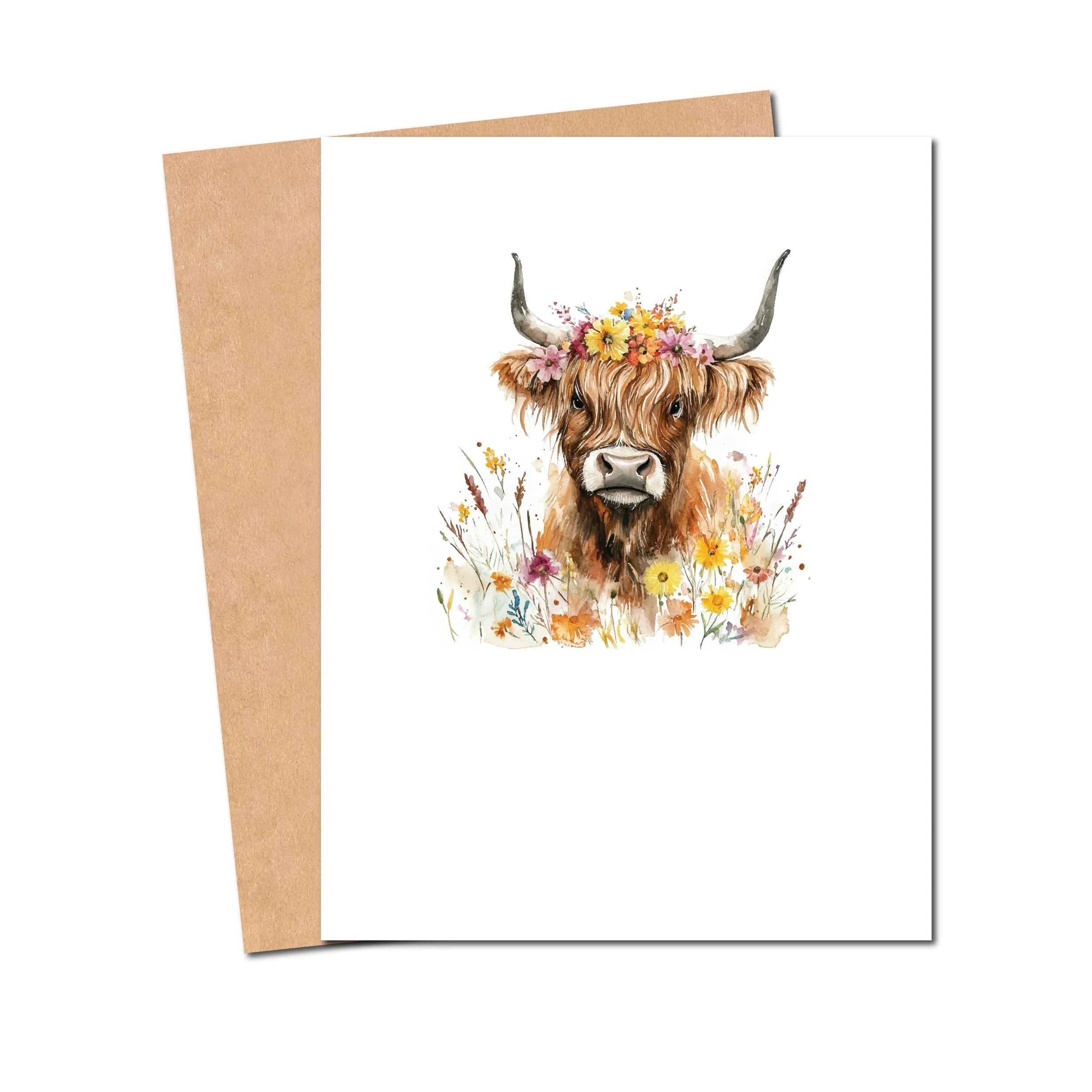 Highland Cow with Flowers Card