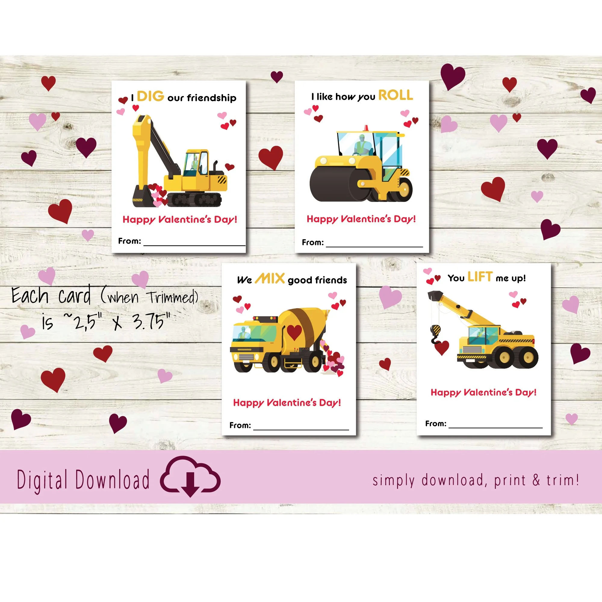 Kids Valentine's Day Cards Construction Theme - Printable Card
