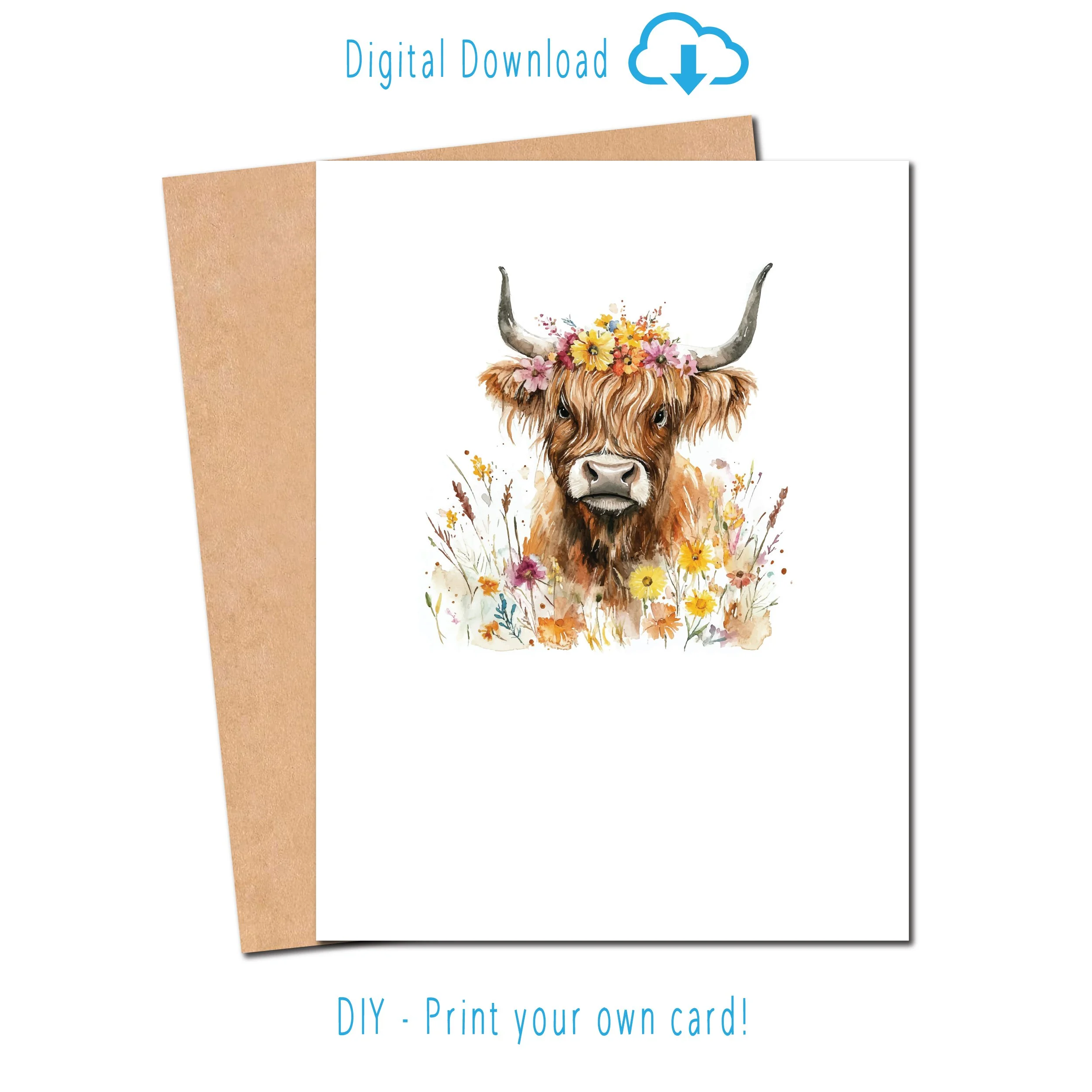 Highland Cow with Flowers - Printable Card