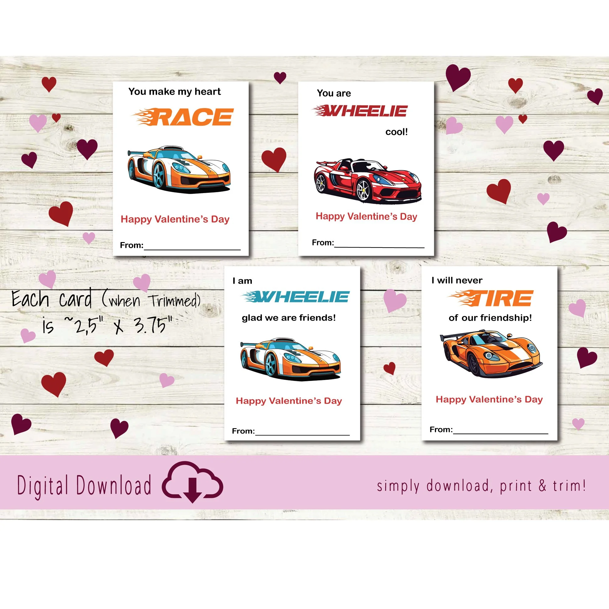 Kids Valentine's Day Cards Sport Car Theme - Printable Card