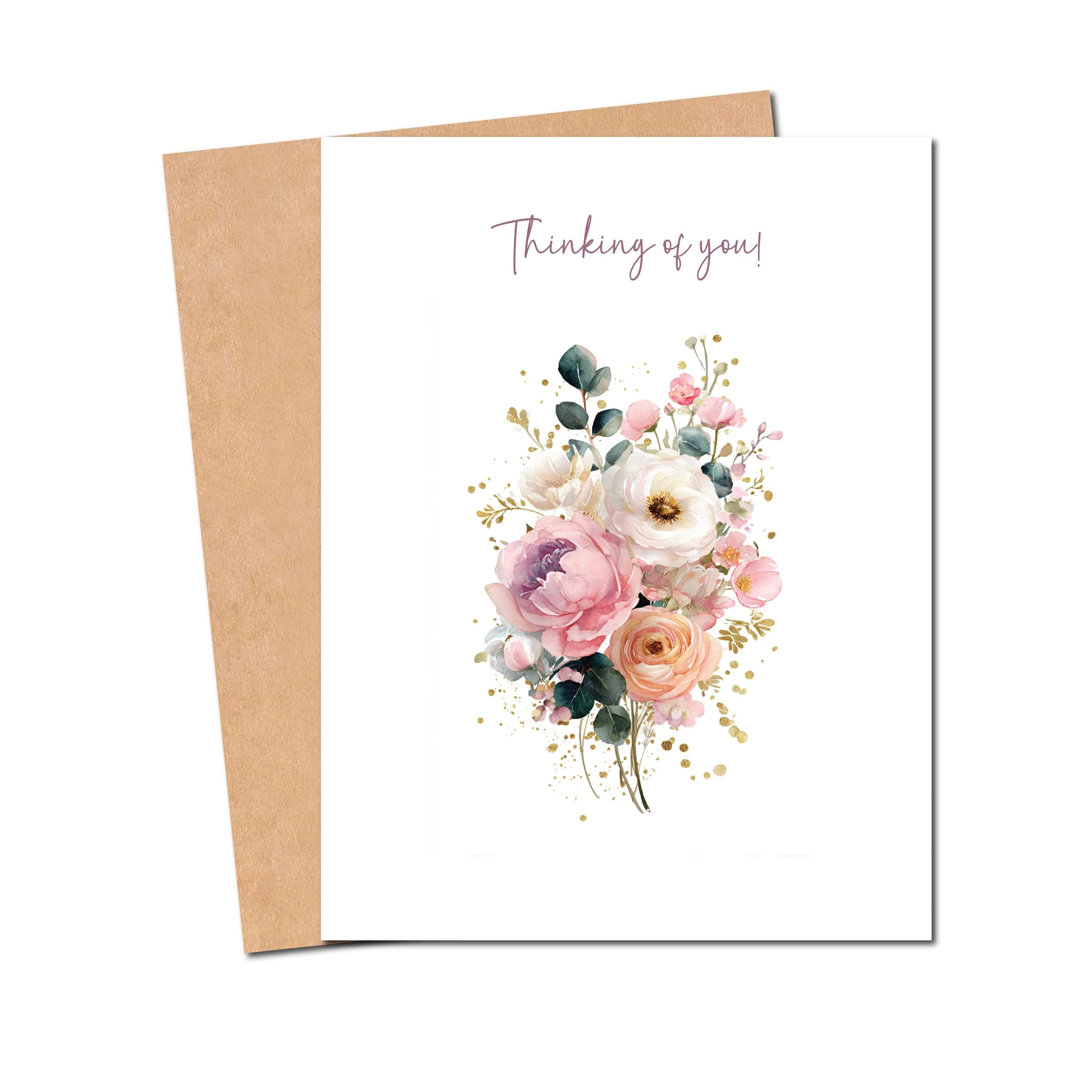 Elegant sympathy and encouragement card with watercolor flowers and “Thinking of You” text.
